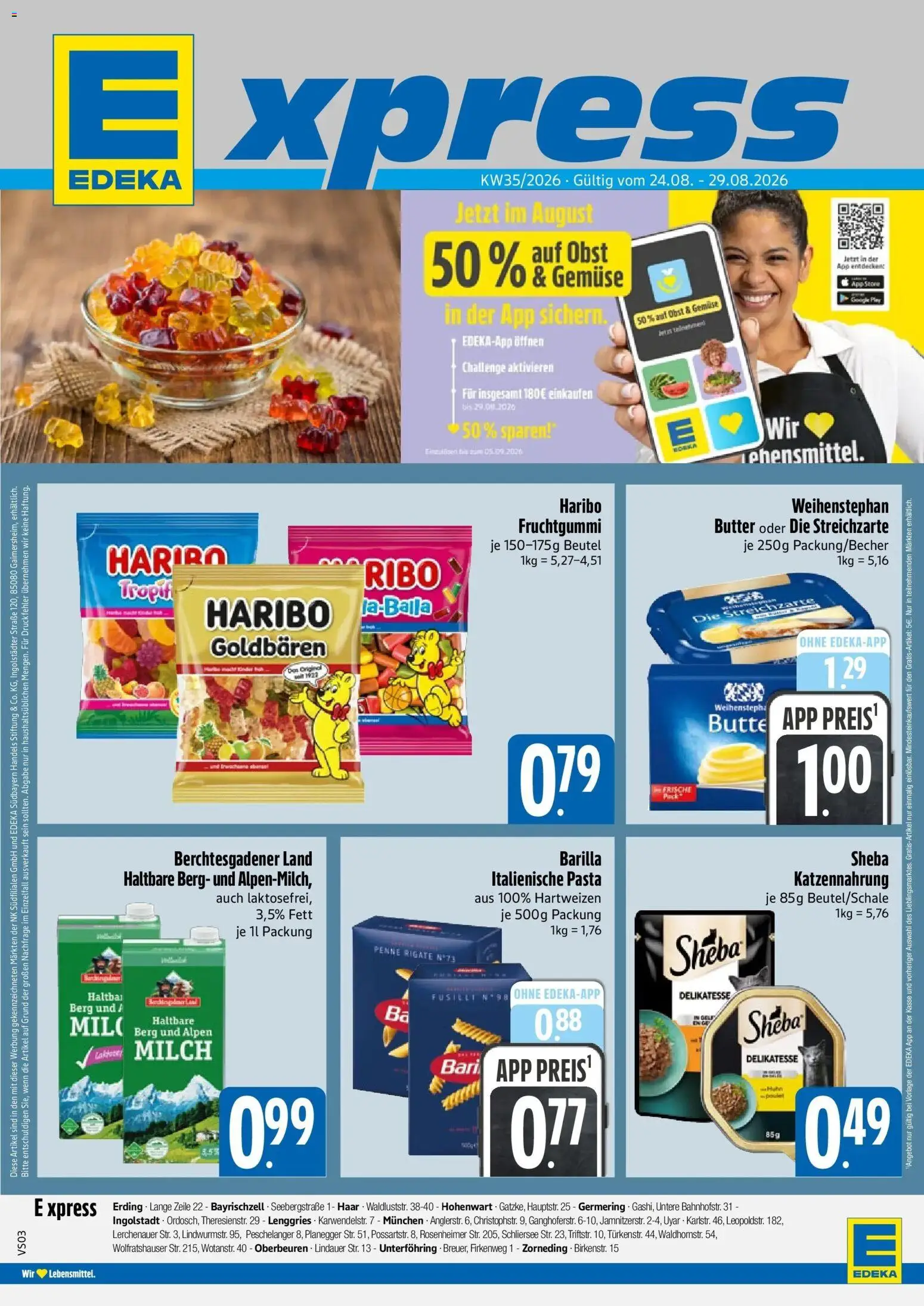 E xpress Prospekt München – gültig ab 24.08.2026 | Seite: 1 | Produkte: Sheba, Milch, Butter, Obst