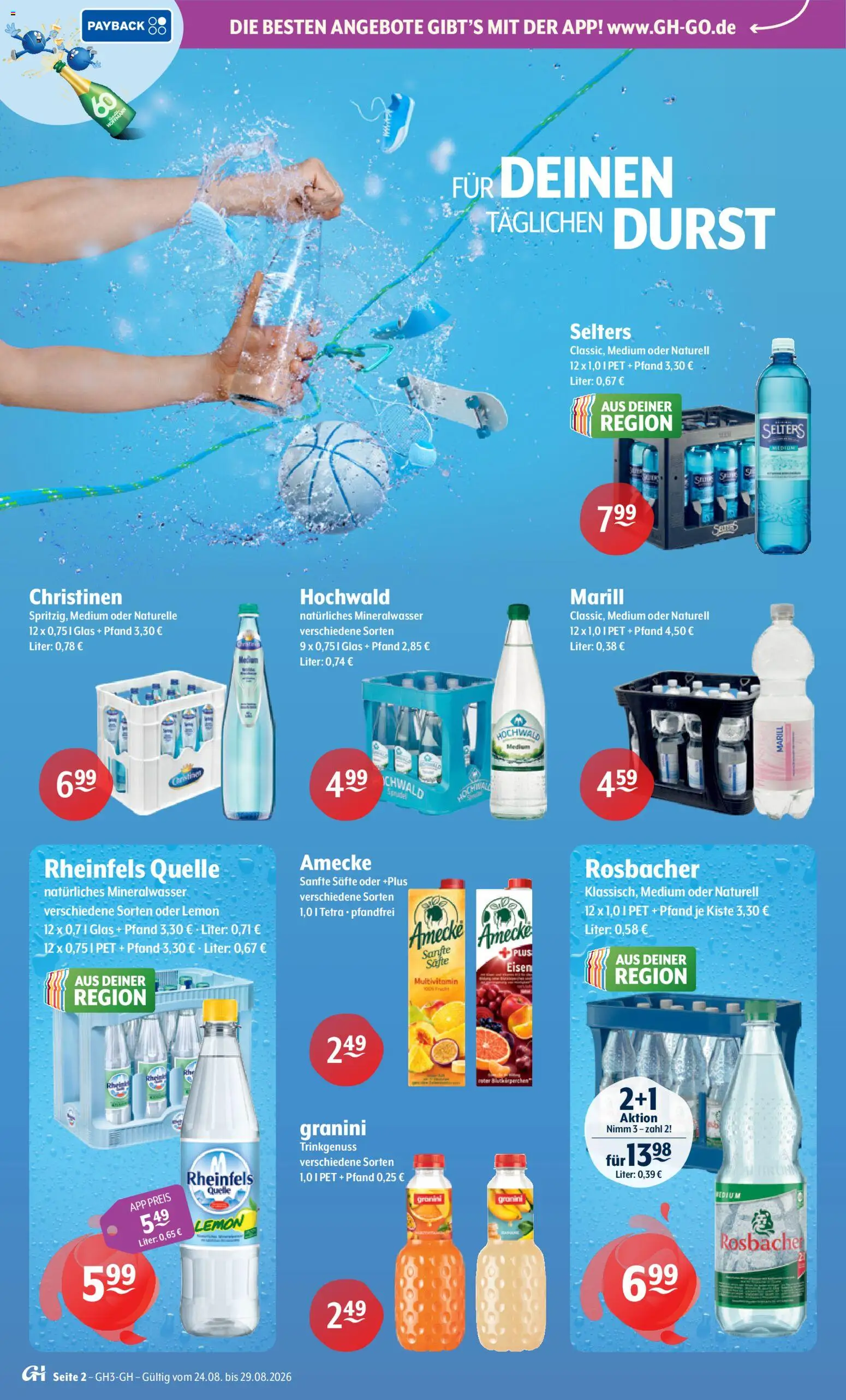 Trink und Spare Prospekt – gültig ab 24.08.2026 | Seite: 2 | Produkte: Mineralwasser, Granini, Rheinfels quelle