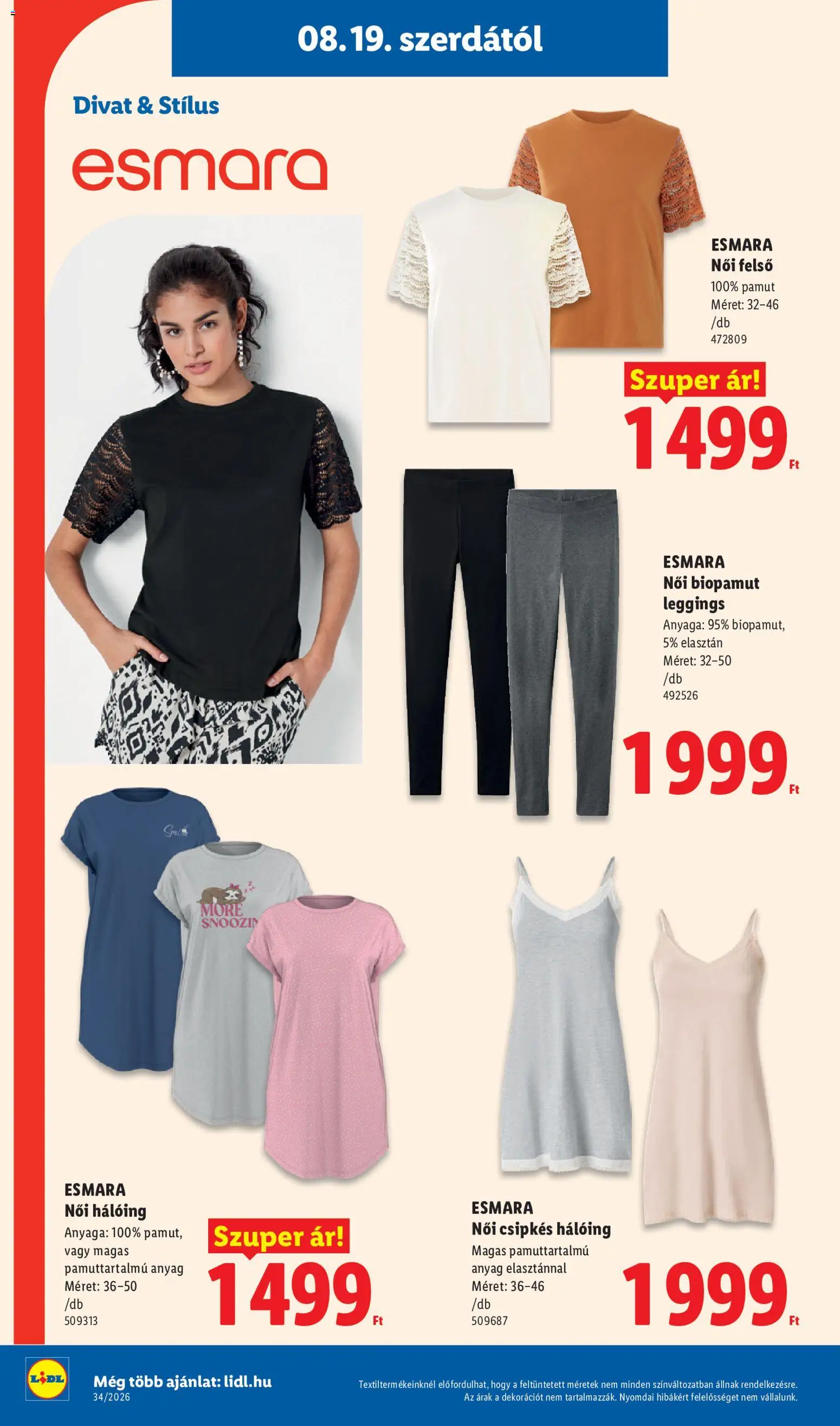 Lidl akciós ujság - amely érvényes a következő dátumtól: 2026.08.19. | Oldal: 28 | Termékek: Hálóing, Esmara, Felső, Leggings