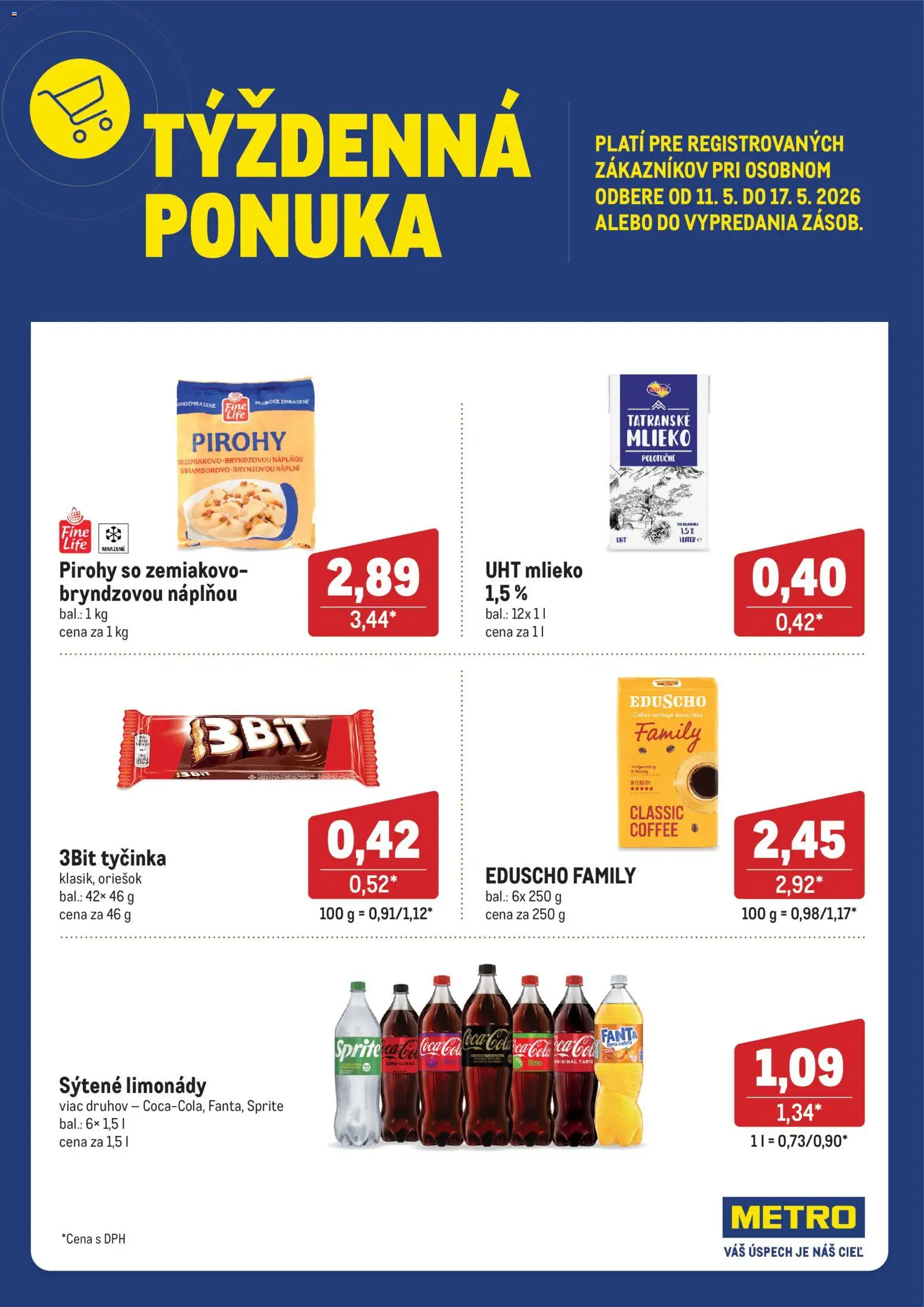 Nové Metro akcie – leták je platný od 11.05.2026 | Strana: 1 | Produkty: Mlieko, Pirohy, Sprite, Fanta