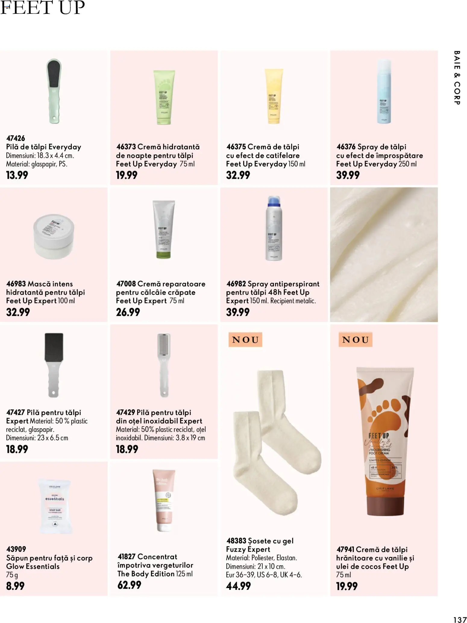 Noul catalog Oriflame – valabil de la 30.09.2026 | Pagină: 137 | Produse: Pilă de tălpi, Body, Cremă hidratantă, Șosete