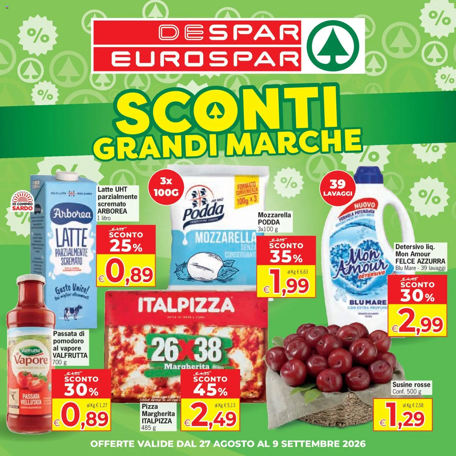 Volantino Eurospar del 27/08/2026 | Pagina: 1 | Prodotti: Pizza, Pomodoro, Latte, Passata di pomodoro
