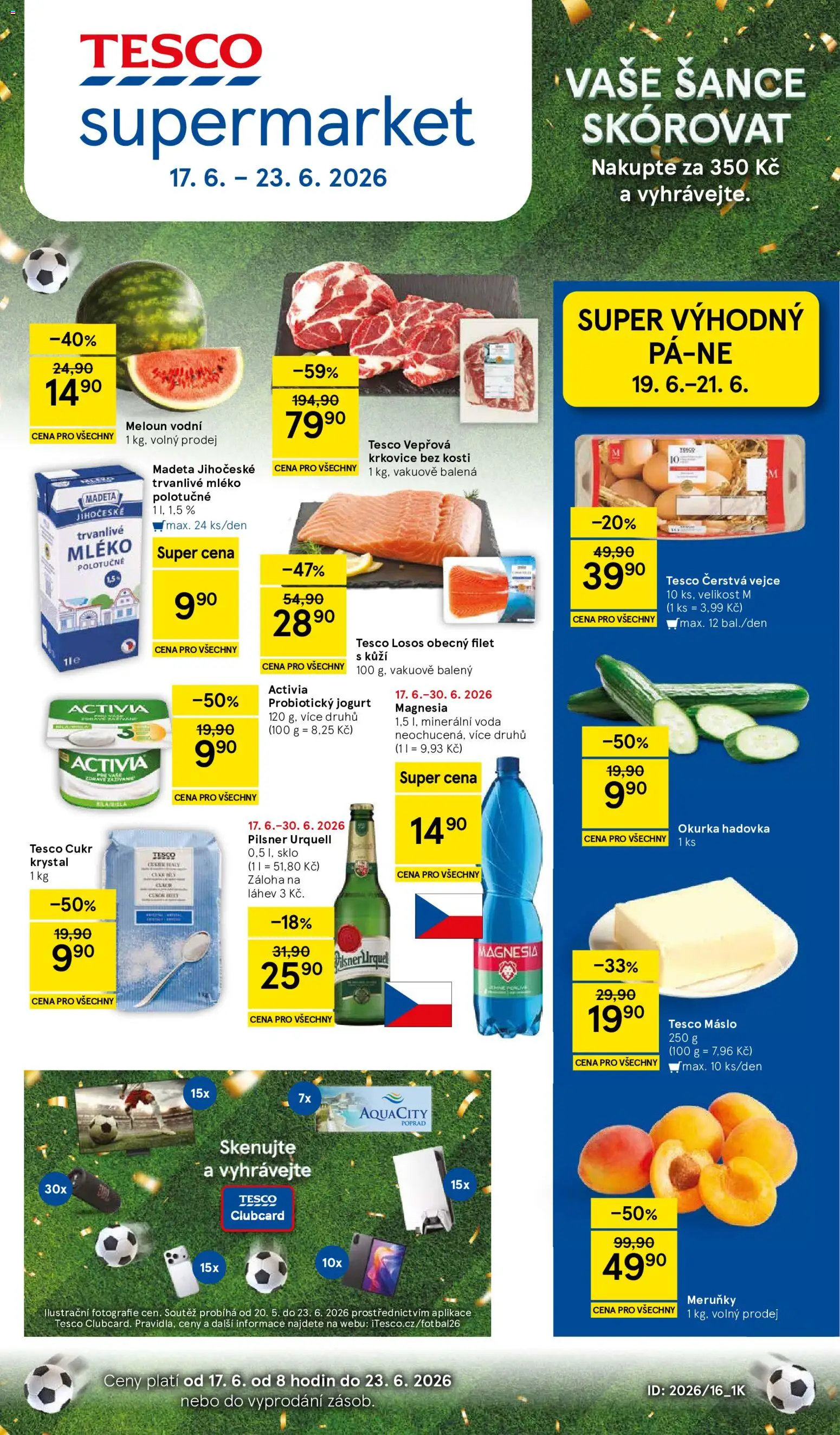 Tesco leták - Supermarket od 17.06.2026 | Strana: 1 | Produkty: Mléko polotučné, Cukr, Meruňky, Láhev