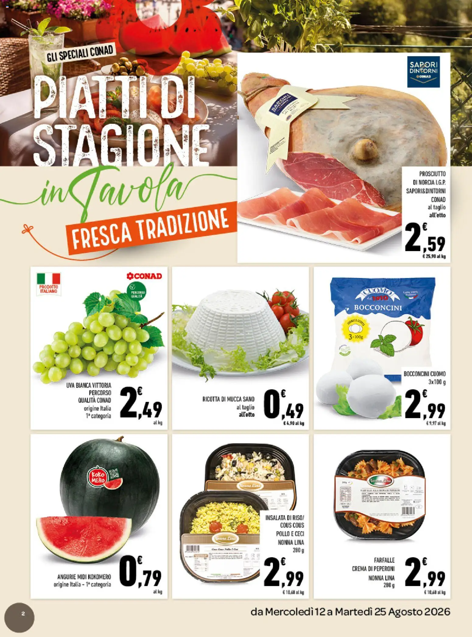 Volantino Conad del 12/08/2026 | Pagina: 2 | Prodotti: Piatti, Mozzarella, Taglio, Insalata di riso