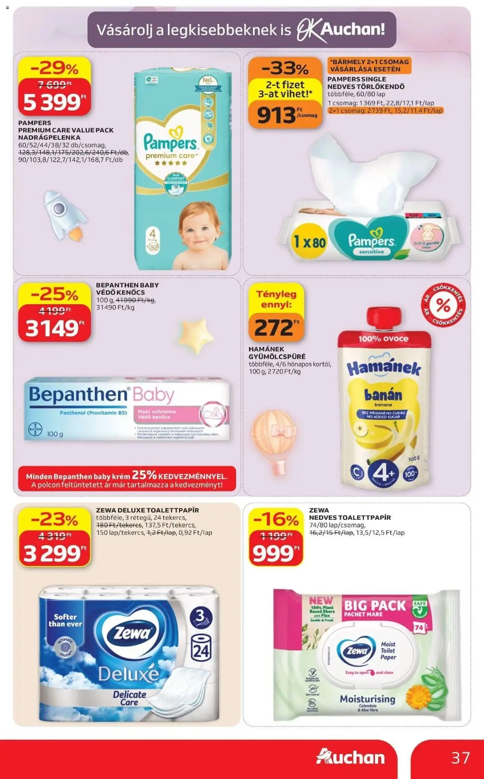 Auchan akciós újság Szolnok - 2026.09.03. -tól/töl > akció, lapozható szórólap 🛍️ | Oldal: 37 | Termékek: Bepanthen, Toalettpapír, Törlőkendő, Banán