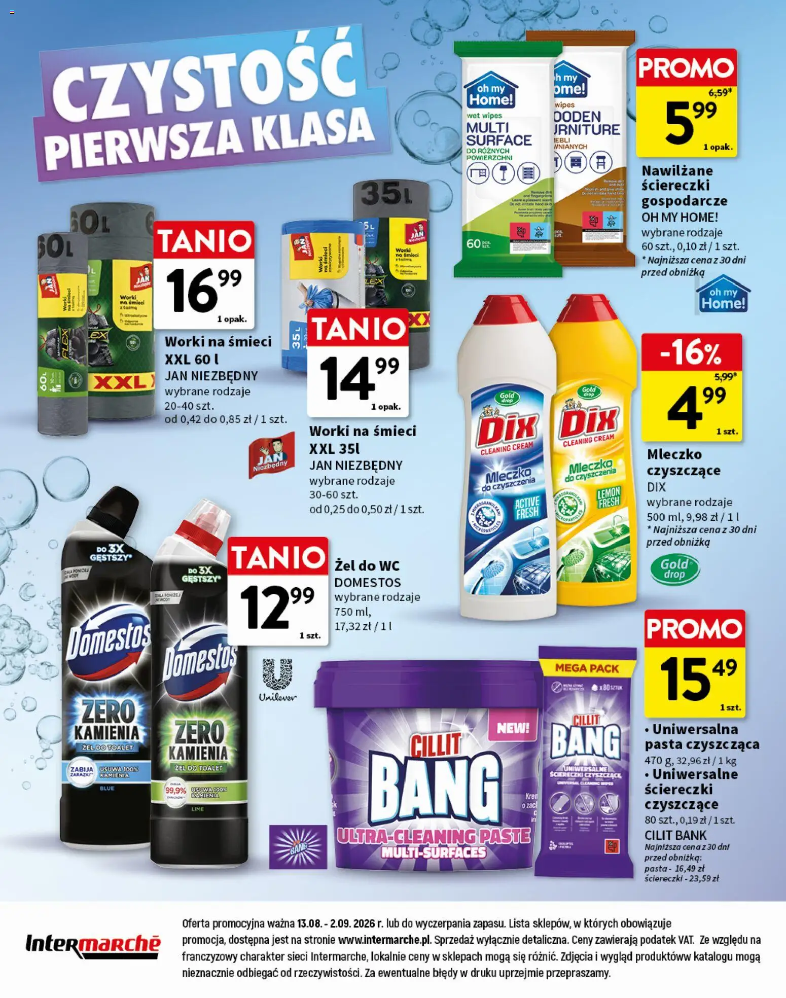 Intermarche gazetka - Świeżość pierwsza klasa od 13.08.2026 | Strona: 12 | Produkty: Worki na śmieci, Żel do WC, Domestos, Cillit bang