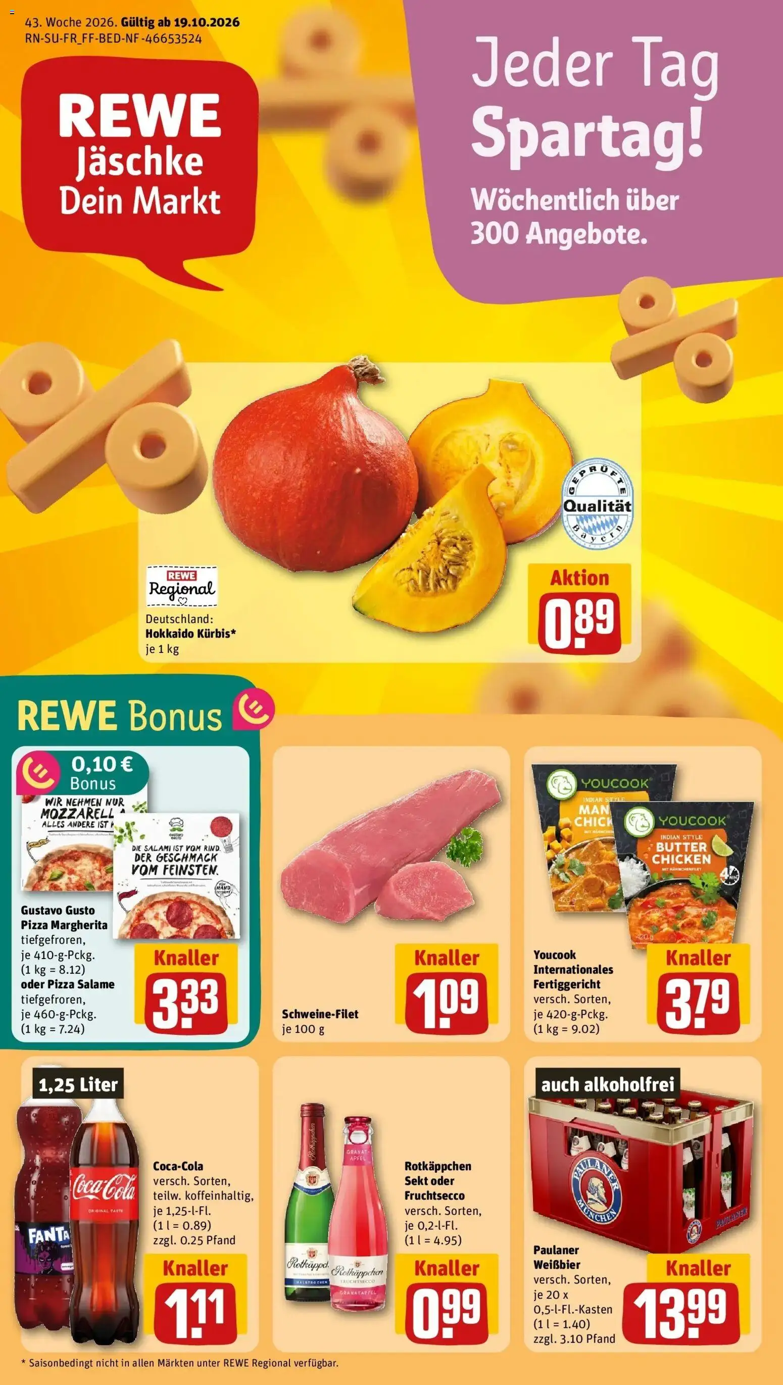REWE Prospekt ab 19.10.2026 zum Blättern » Angebote | Seite: 1 | Produkte: Sekt, Fruchtsecco, Schweinefilet, Salami