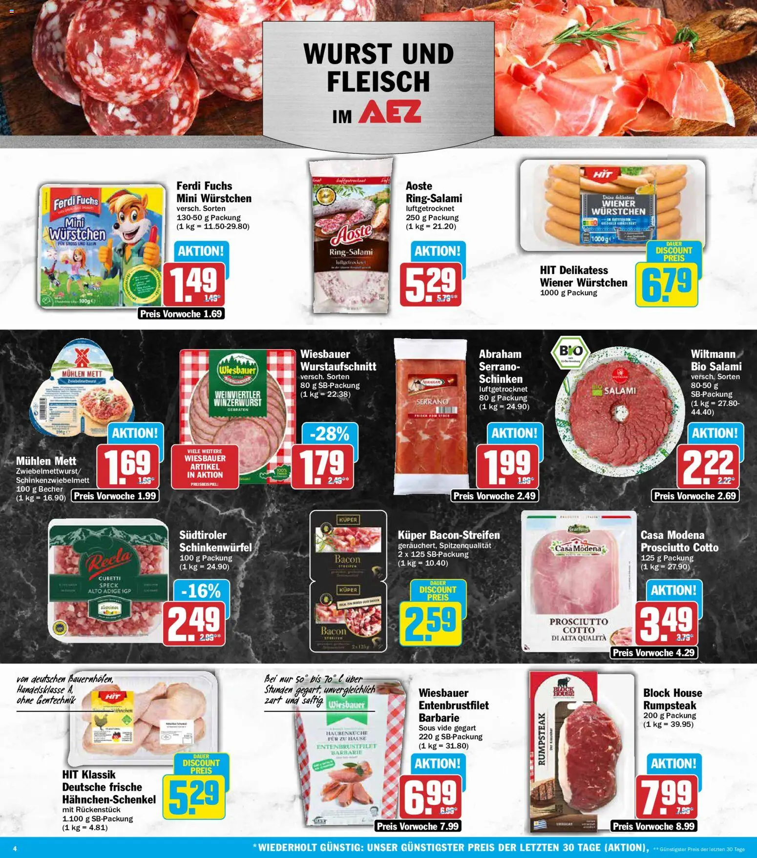 AEZ Prospekt – gültig ab 19.10.2026 | Seite: 4 | Produkte: Rumpsteak, Wiener wurstchen, Salami, Fleisch