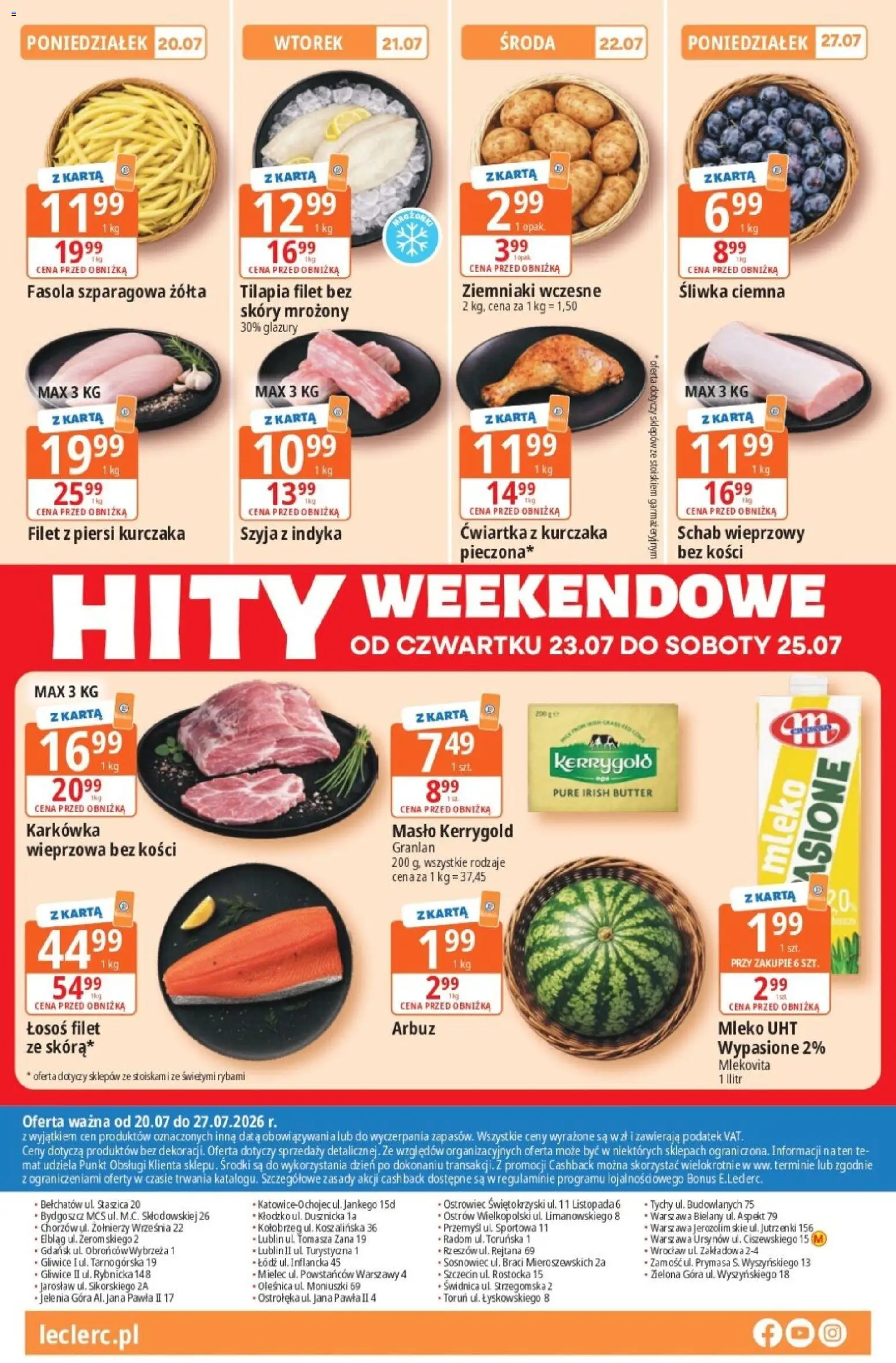 E.Leclerc gazetka od 20.07.2026 | Strona: 16 | Produkty: Karta, Schab wieprzowy, Łosoś, Ćwiartka z kurczaka