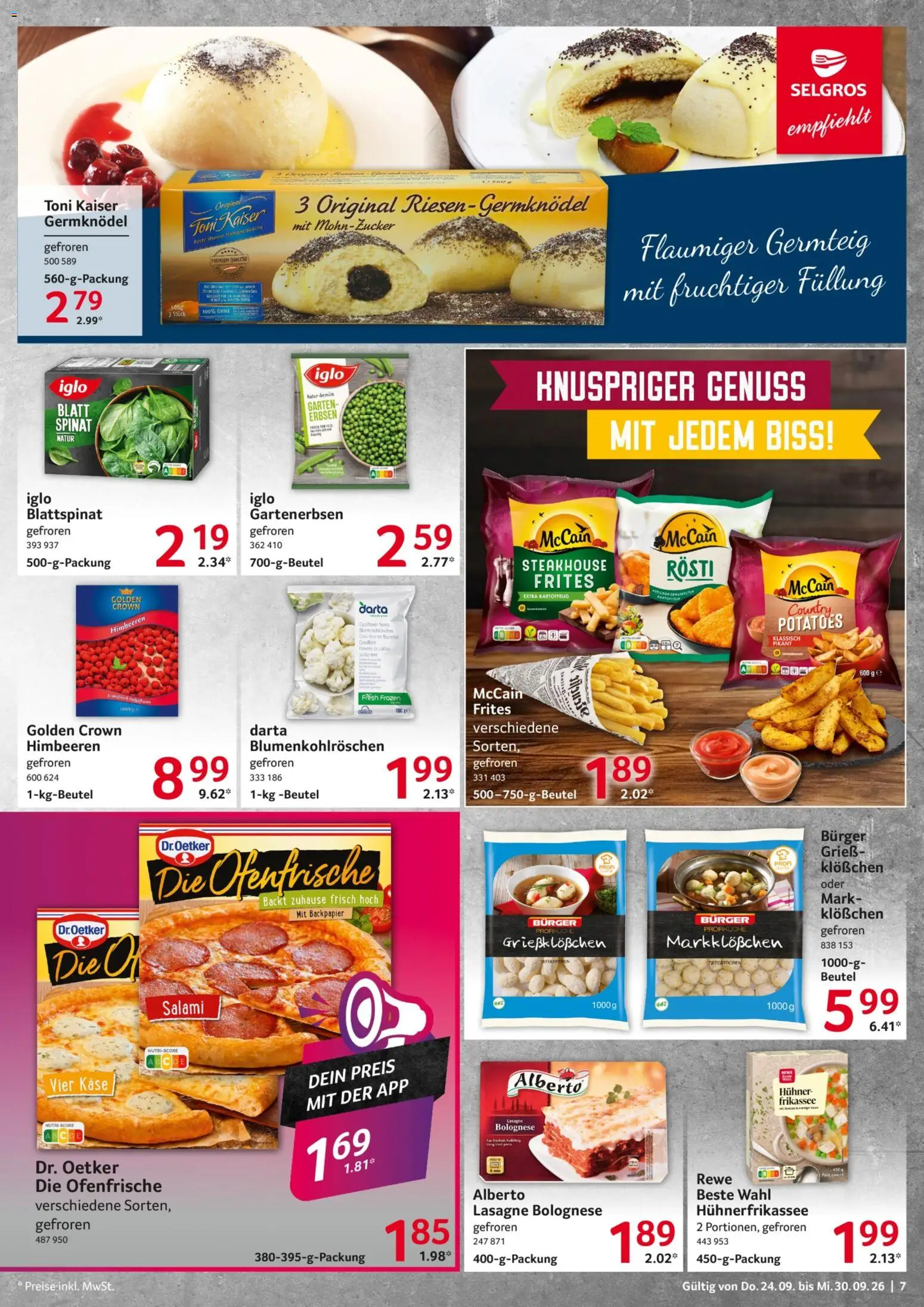 Selgros Prospekt – gültig ab 24.09.2026 | Seite: 7 | Produkte: Iglo, Lasagne, McCain, Ofenfrische