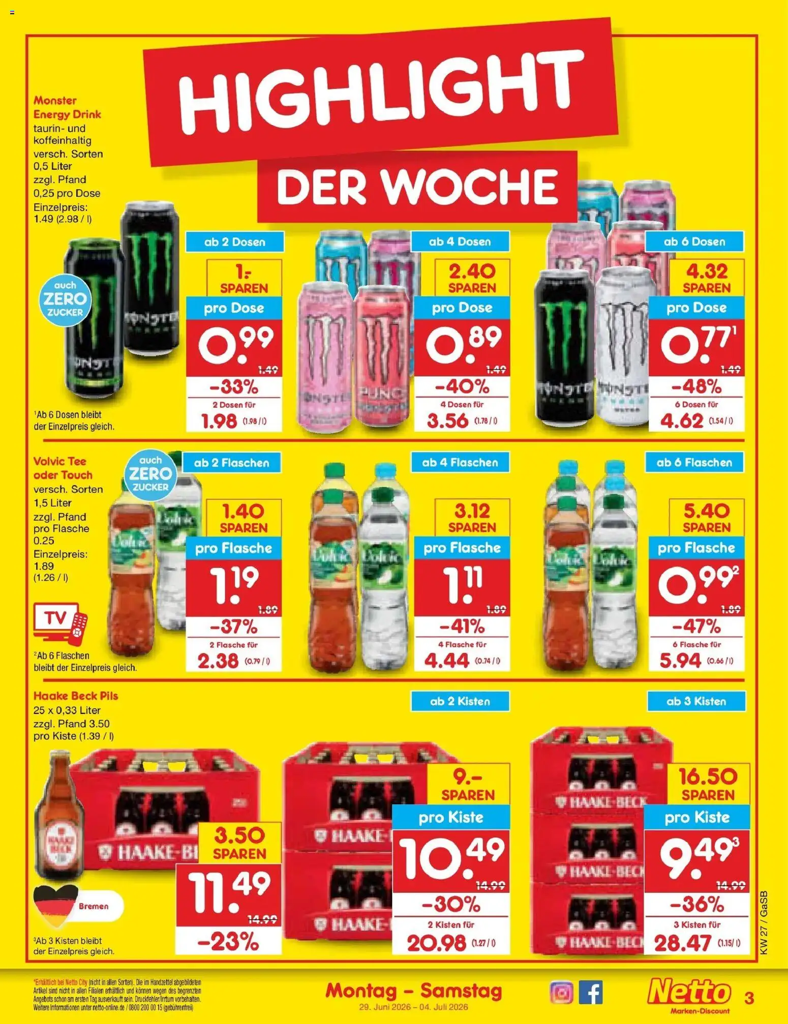 Netto Marken-Discount Prospekt Bremen-Lesum – gültig ab 28.06.2026 | Seite: 3 | Produkte: Energy, Volvic tee, Monster, Tee