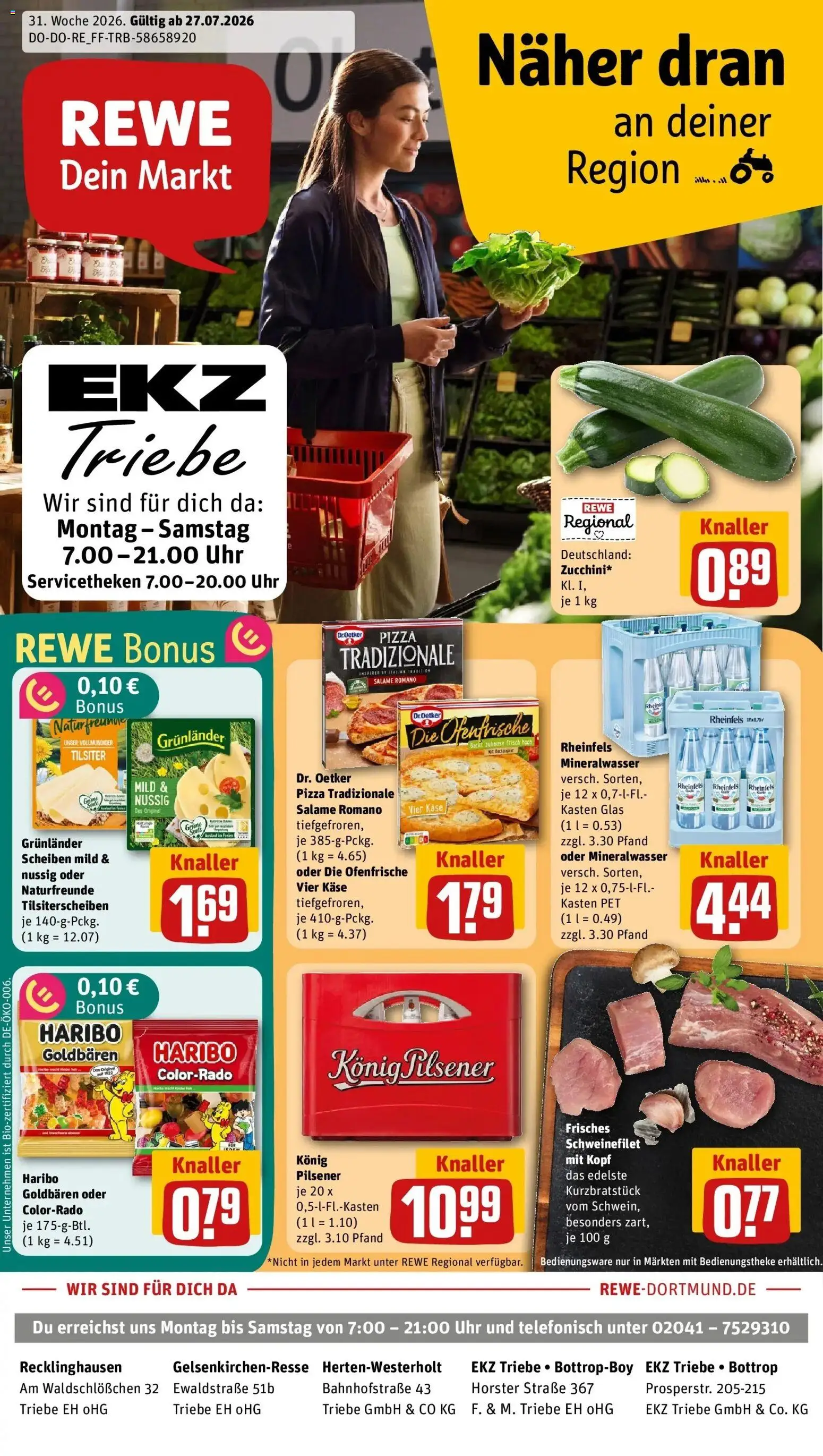 Rewe Prospekt Bottrop – gültig ab 27.07.2026 | Seite: 1 | Produkte: Haribo, Käse, Ofenfrische, Uhr