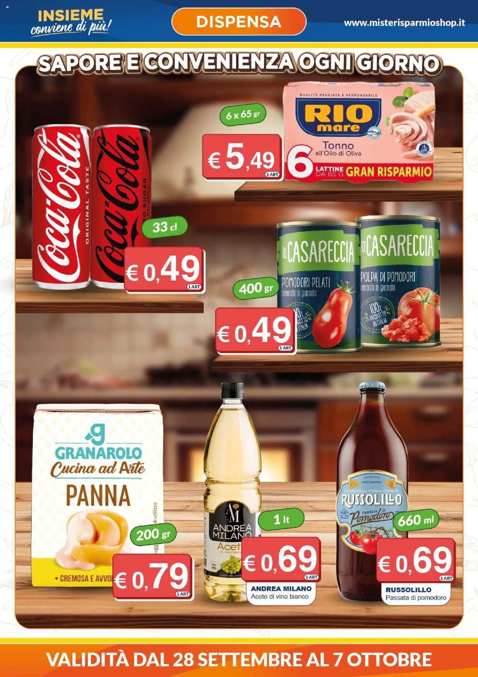 Volantino Mister Risparmio del 28/09/2026 | Pagina: 2 | Prodotti: Panna, Pomodoro, Vino, Passata di pomodoro
