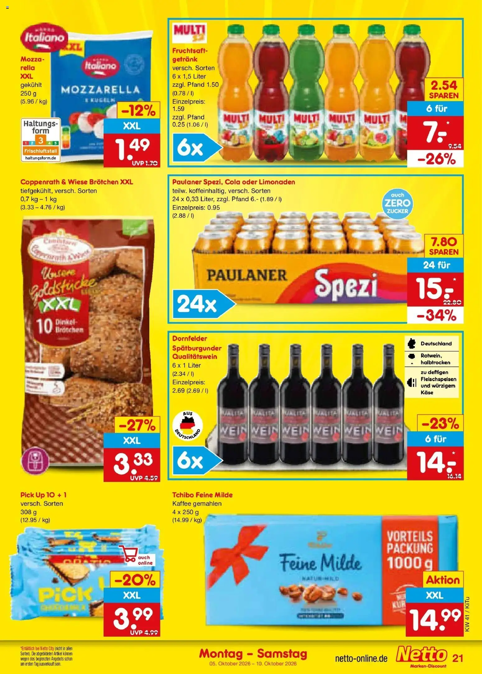 Netto Marken-Discount Prospekt Mistelbach – gültig ab 05.10.2026 | Seite: 21 | Produkte: Cola, Mozzarella, Fruchtsaft, Paulaner