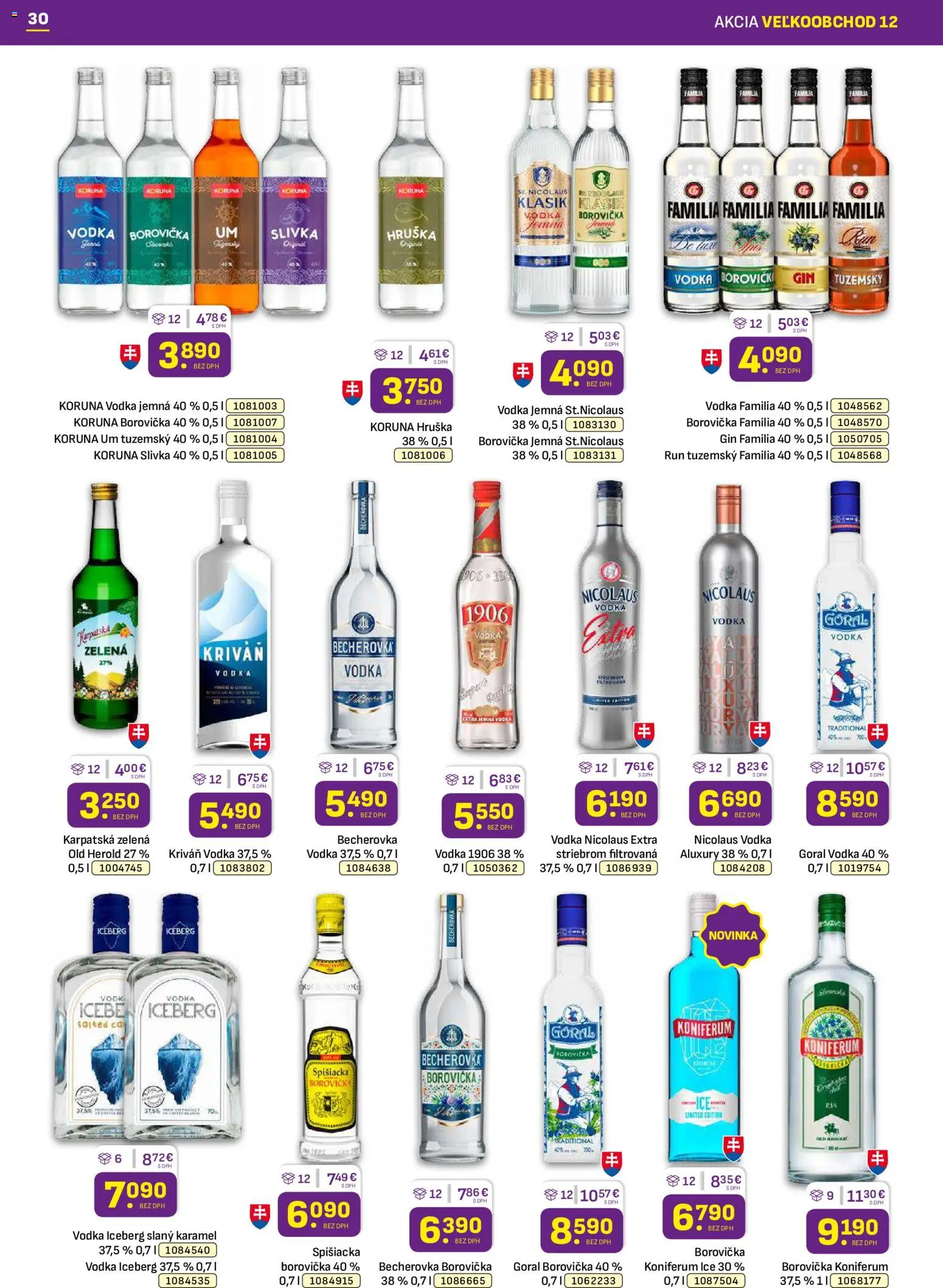Nové Libex akcie – leták je platný od 15.06.2026 | Strana: 30 | Produkty: Borovička, Koniferum, Gin, Nicolaus vodka