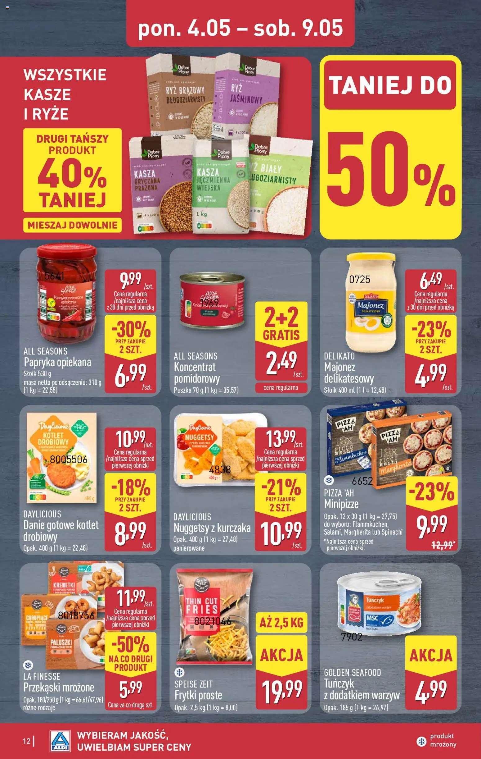 Aldi gazetka od 04.05.2026 | Strona: 12 | Produkty: Krewetki, Paluszki, Pizza, Frytki