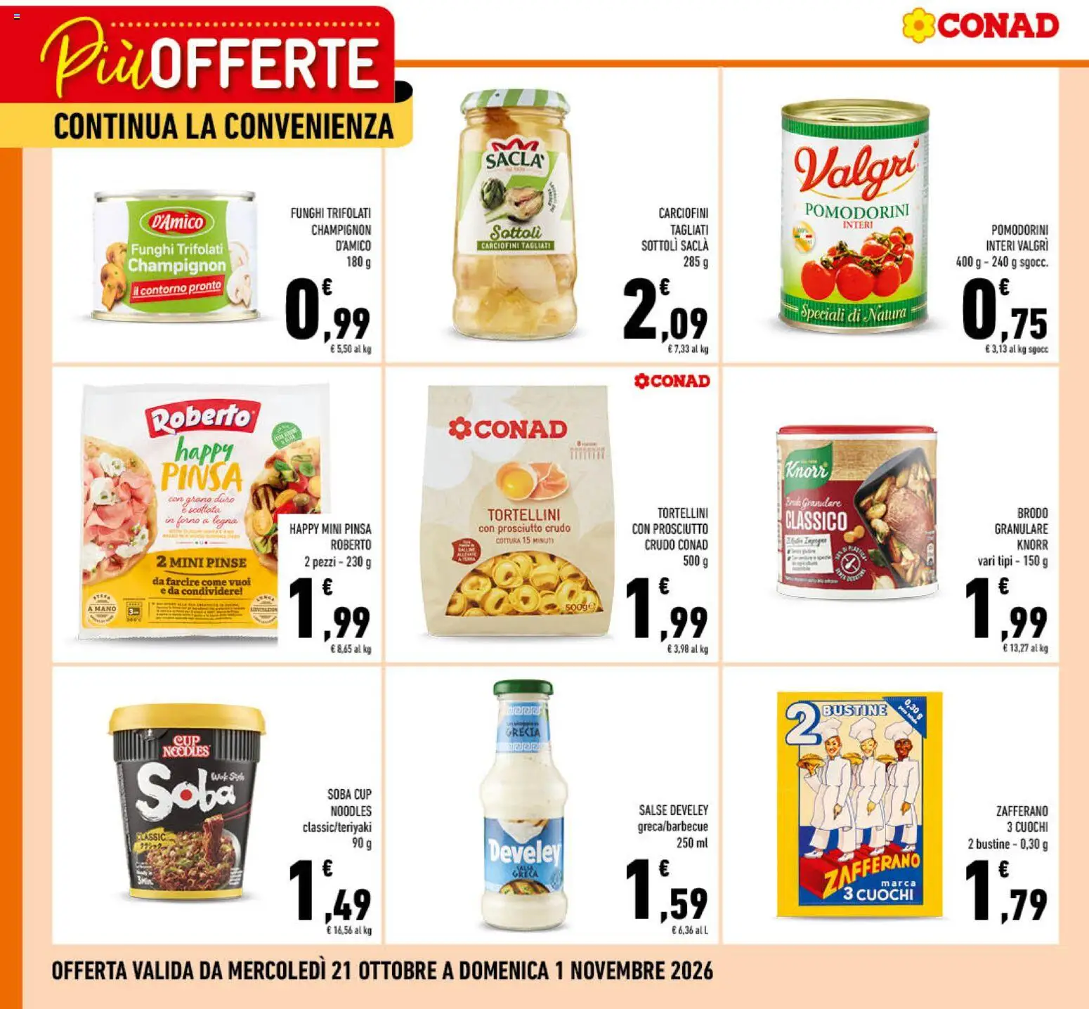 Volantino Conad del 21/10/2026 | Pagina: 1 | Prodotti: Pomodorini, Prosciutto, Funghi, Forno