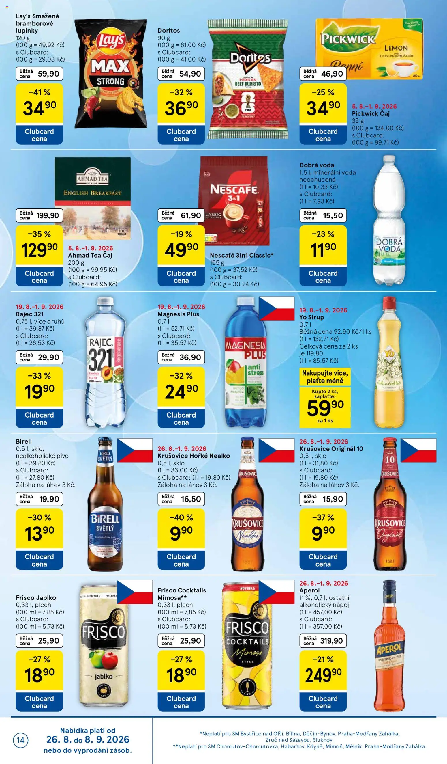 Tesco leták - Supermarket od 26.08.2026 | Strana: 14 | Produkty: Birell, Ahmad Tea čaj, Pivo, Krušovice