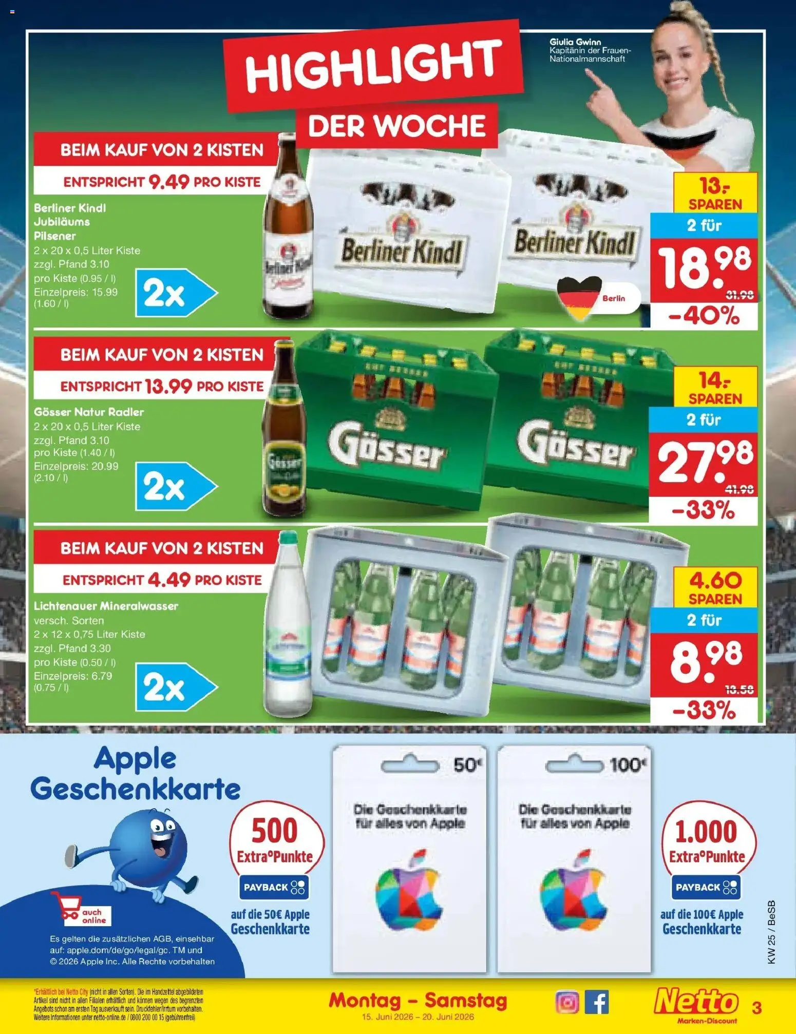 Netto Marken-Discount Prospekt Kremmen – gültig ab 15.06.2026 | Seite: 3 | Produkte: Berliner, Mineralwasser, Apple, Radler