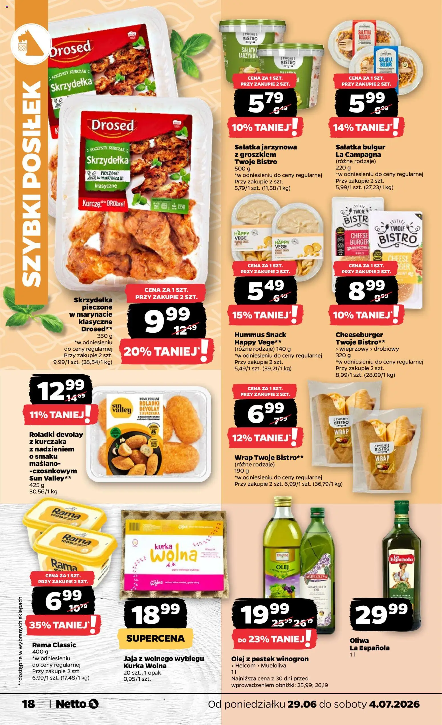 Netto gazetka od poniedziałku spożywcza od 29.06.2026 | Strona: 18 | Produkty: Olej z pestek winogron, Hummus, Olej, Cheeseburger
