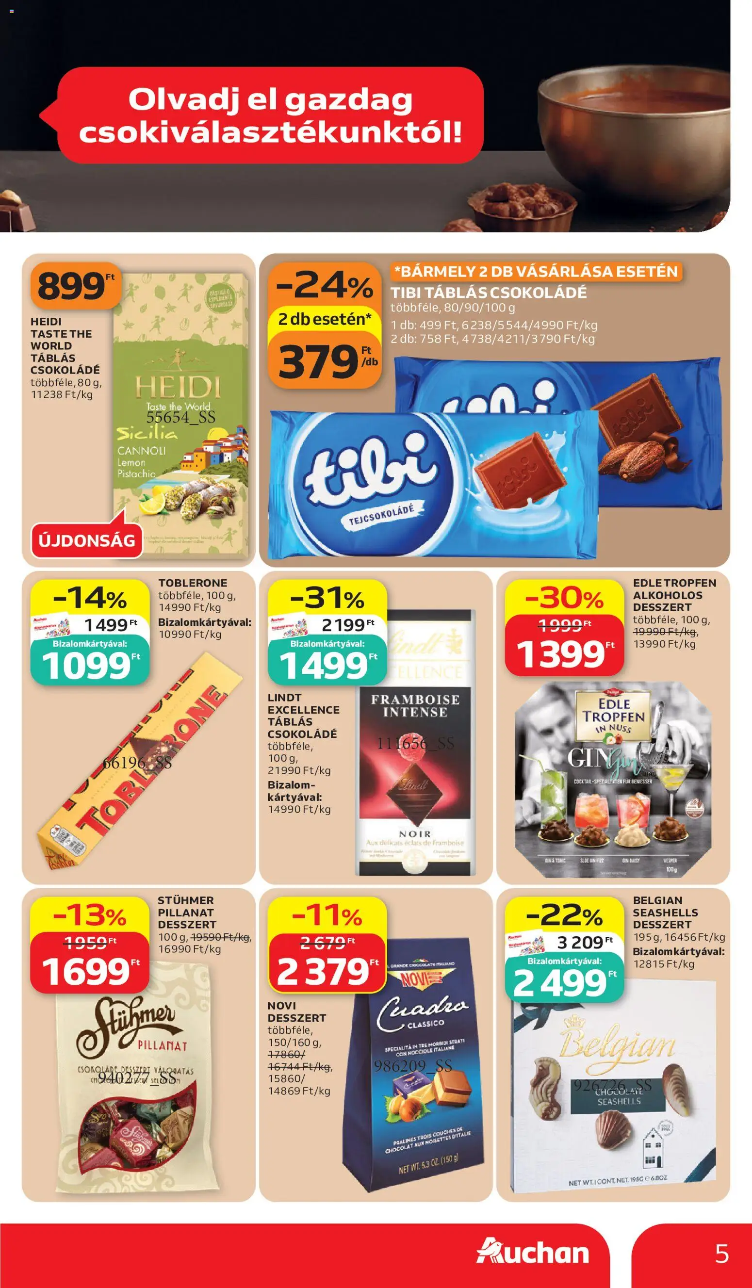 Auchan akciós ujság - amely érvényes a következő dátumtól: 2026.07.02. | Oldal: 5 | Termékek: Tejcsokoládé, Csokoládé, Gin