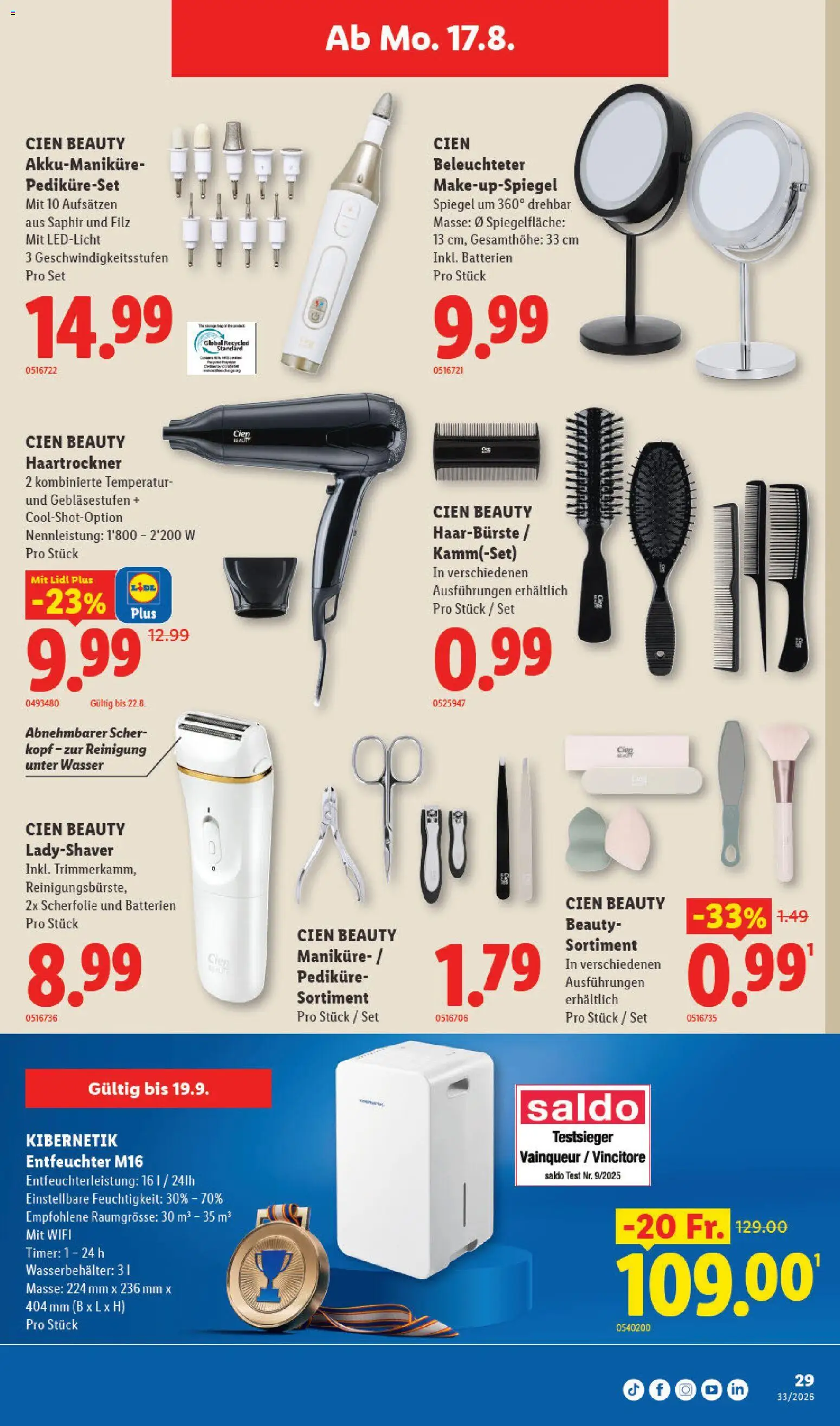 Lidl aktionen – gültig ab 13.08.2026 | Seite: 33 | Produkte: Haartrockner, Spiegel, Wasser