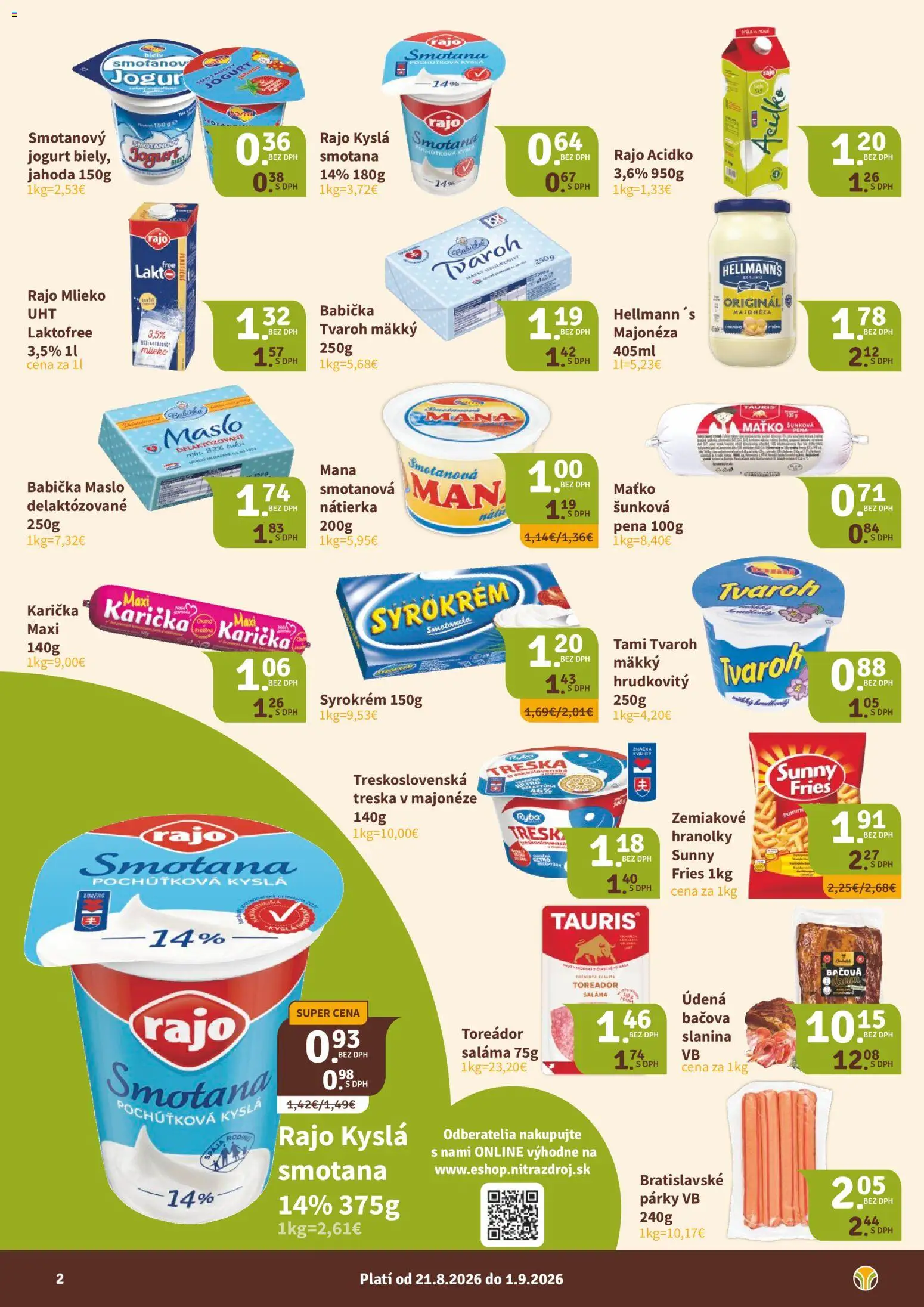 Nové Nitrazdroj akcie – leták je platný od 21.08.2026 | Strana: 2 | Produkty: Majonéza, Ryba, Smotanový jogurt, Treska