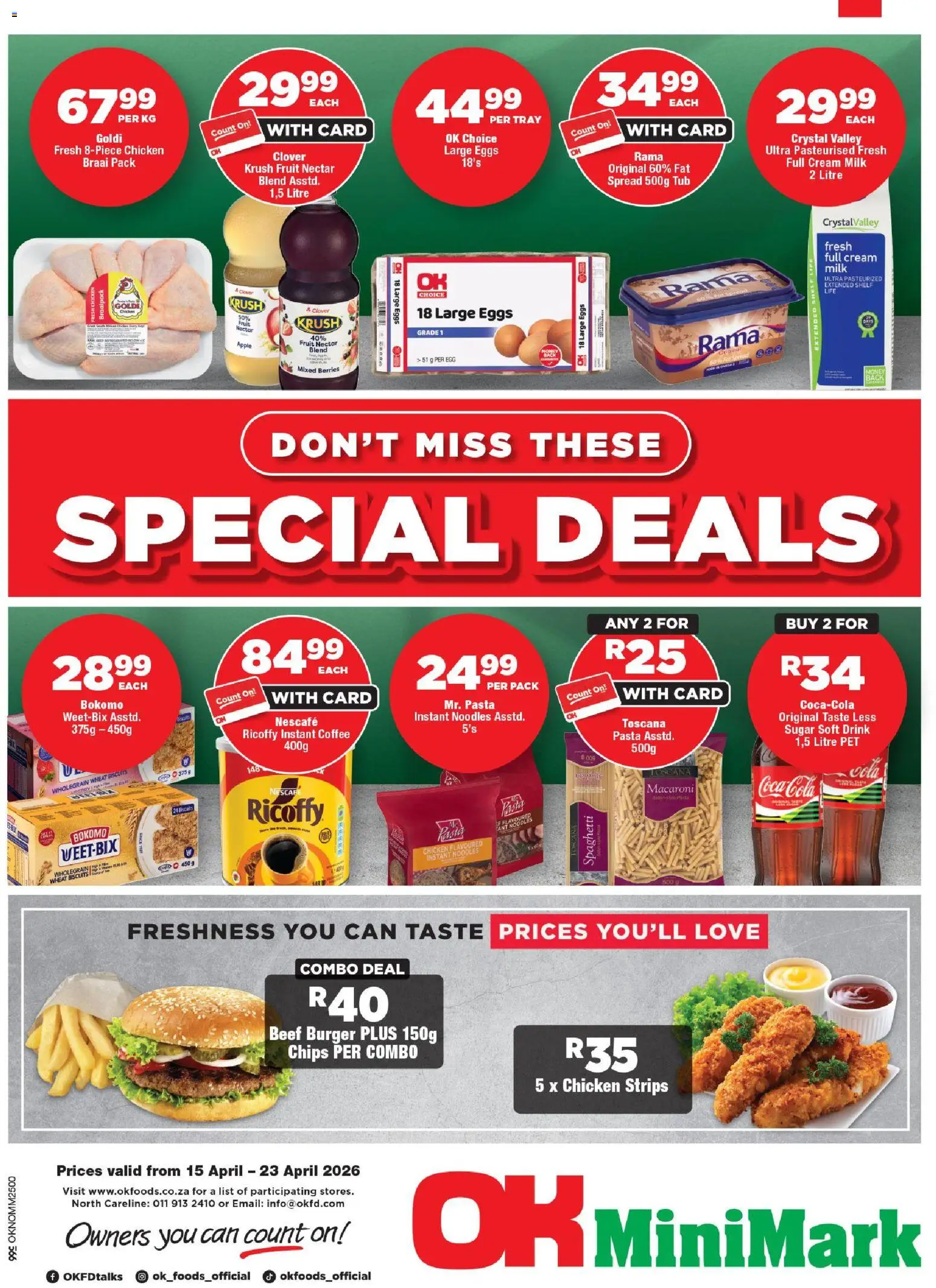 New OK Foods catalogue – valid from 15.04.2026 | Page: 1 | Products: Coffee, Chicken, Noodles, Sugar