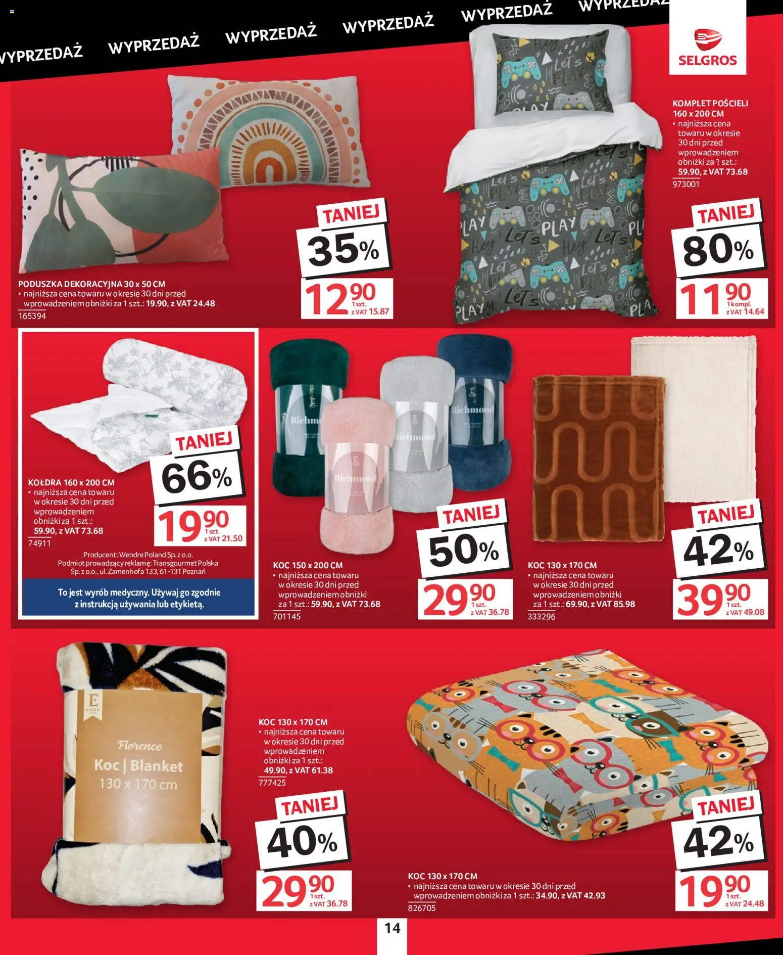 Selgros cash&carry gazetka - Totalna Wyprzedaż od 08.10.2026 | Strona: 14 | Produkty: Poduszka, Koc, Kołdra