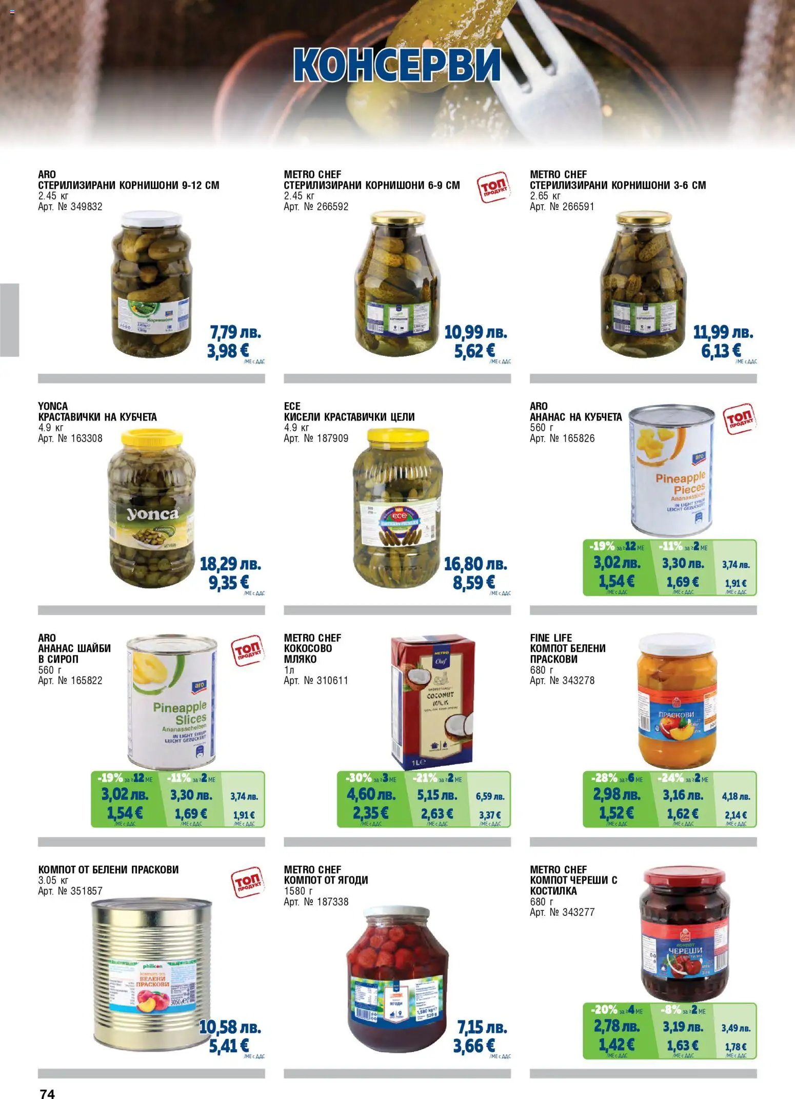 {H1} | Страница: 74 | Продукти: Консерви, Сироп, Ягоди, Мляко