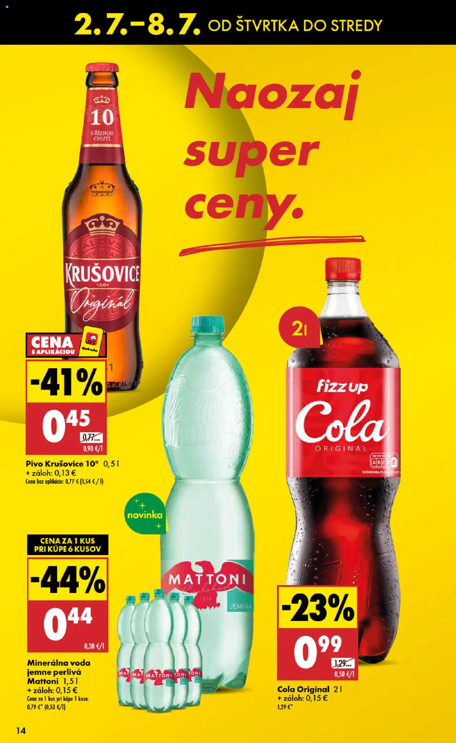 Nové Biedronka akcie – leták je platný od 02.07.2026 | Strana: 14 | Produkty: Pivo, Mattoni, Minerálna voda, Cola