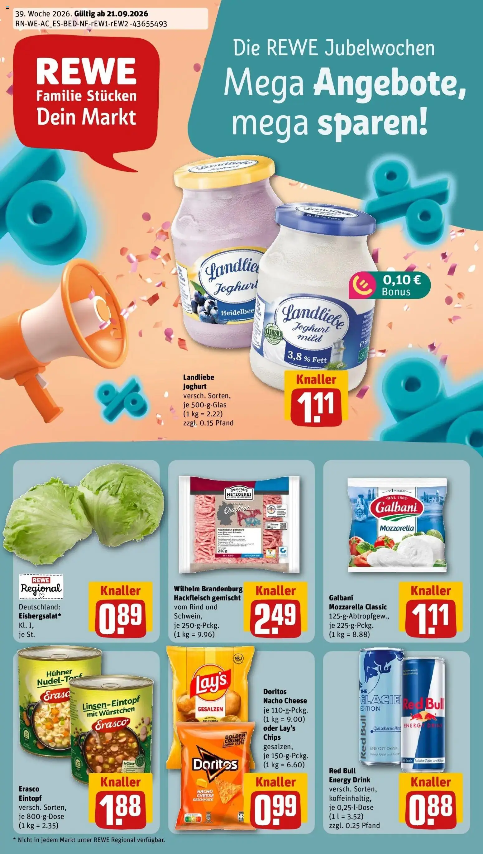 REWE Prospekt ab 21.09.2026 zum Blättern » Angebote | Seite: 1 | Produkte: Red bull, Energy, Erasco, Hackfleisch