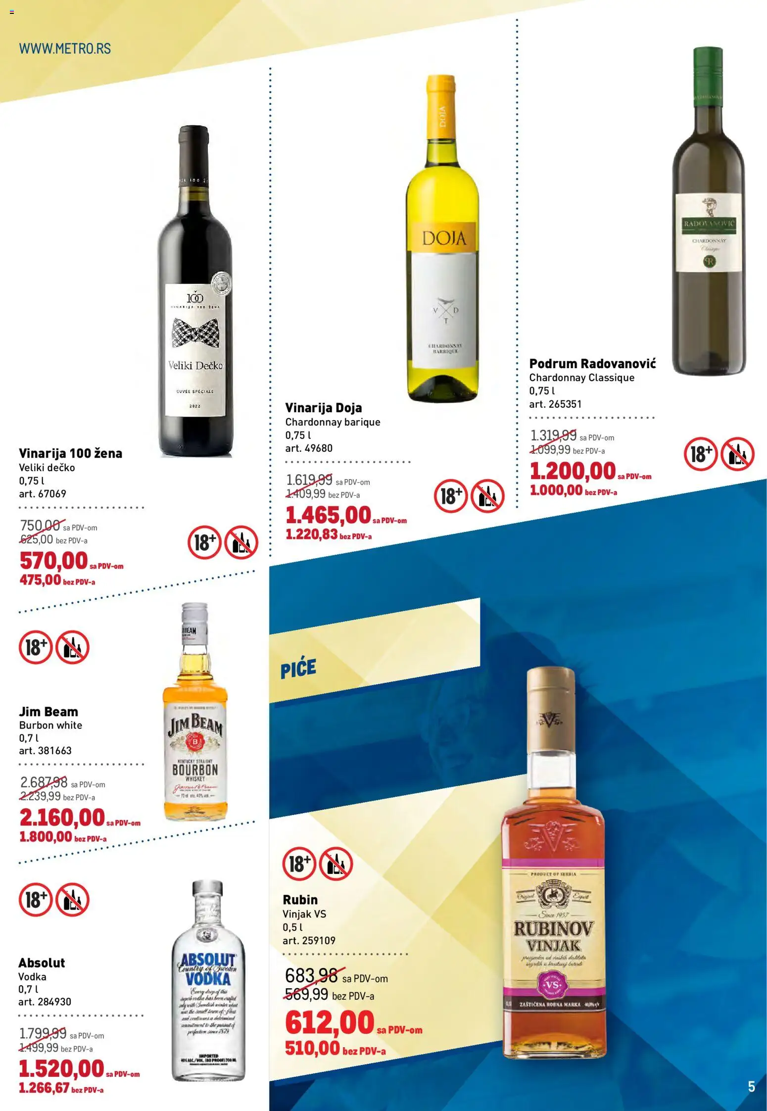 Metro katalog - važi od 03.09.2026 | Strana: 5 | Proizvode: Burbon, Chardonnay, Vodka, Jim Beam