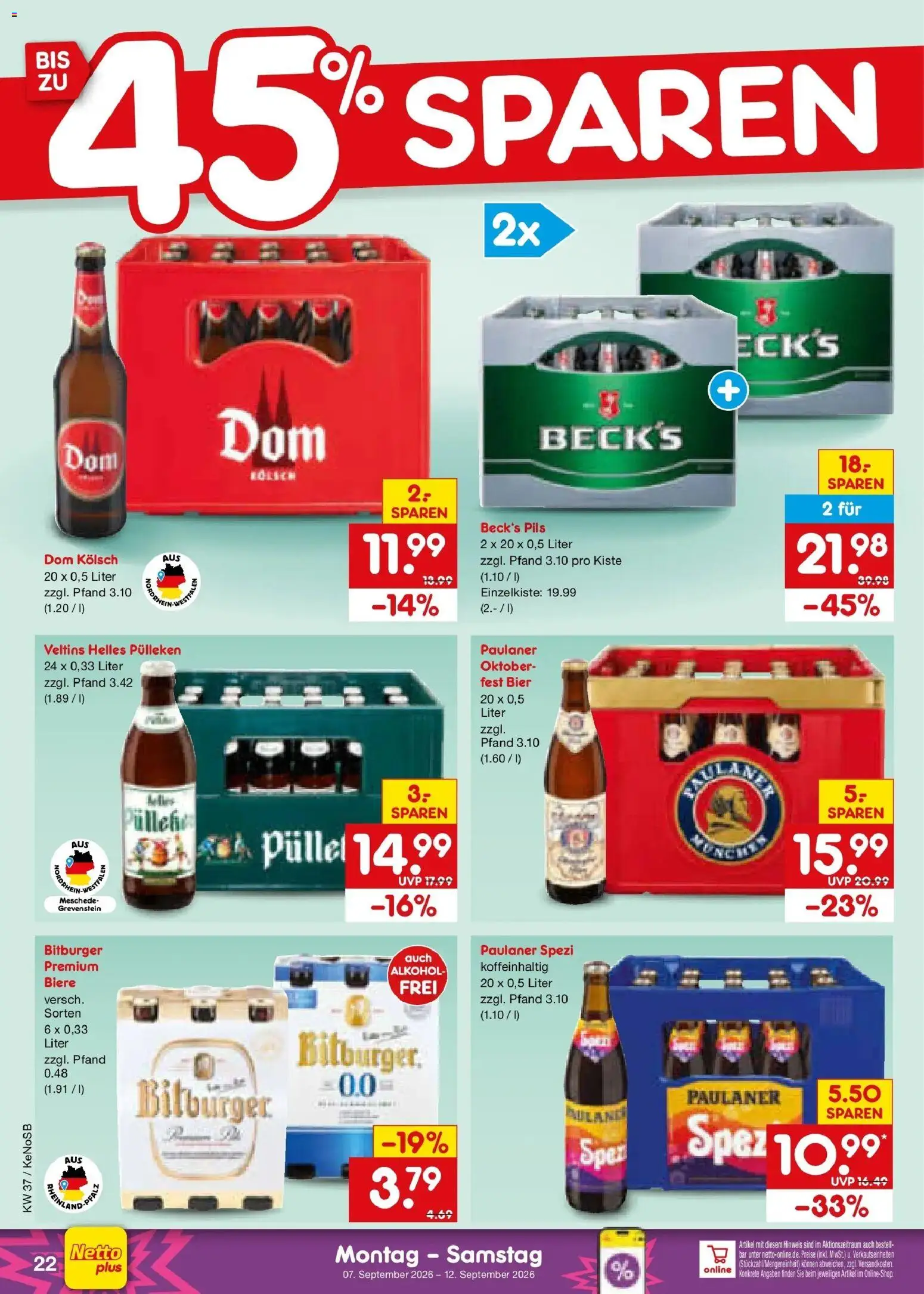 Netto Marken-Discount Prospekt Koblenz – gültig ab 07.09.2026 | Seite: 32 | Produkte: Bitburger, Paulaner spezi, Alkohol, Veltins