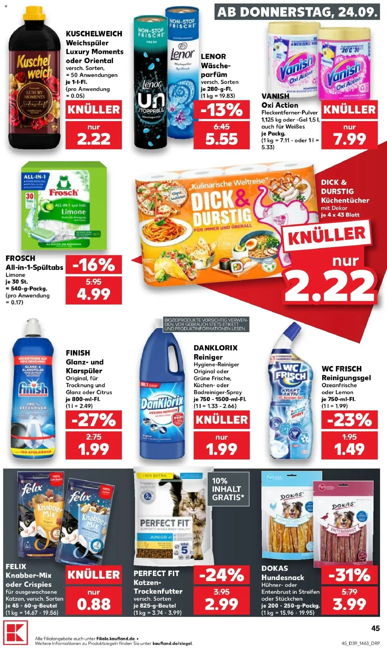 Prospekt Kaufland ab 24.09.2026 » Angebote Online zum Blättern | Seite: 45 | Produkte: Lenor, Weichspüler, Klarspüler, Kuchen