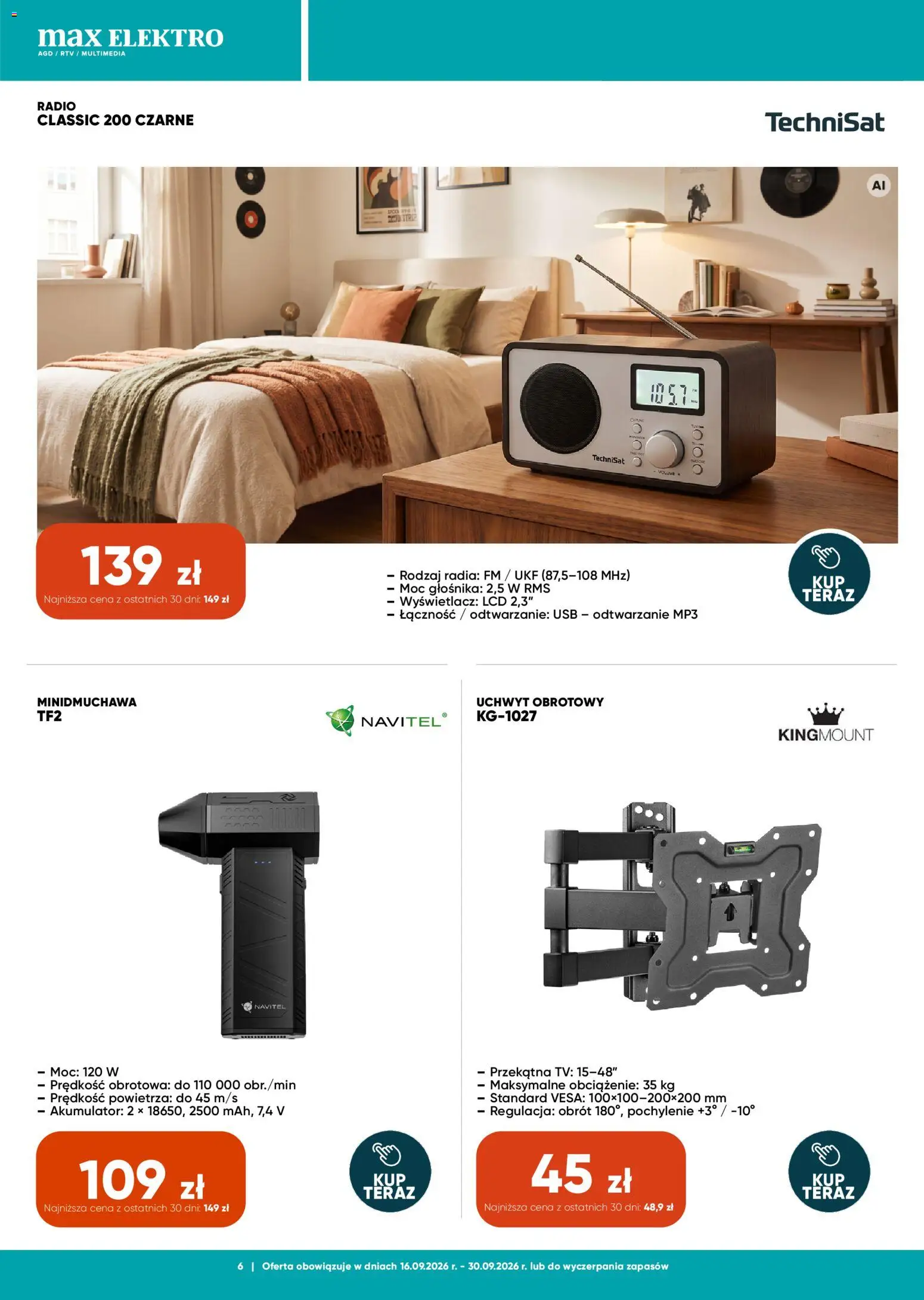 Max elektro gazetka od 16.09.2026 | Strona: 6 | Produkty: Radio, MP3, USB