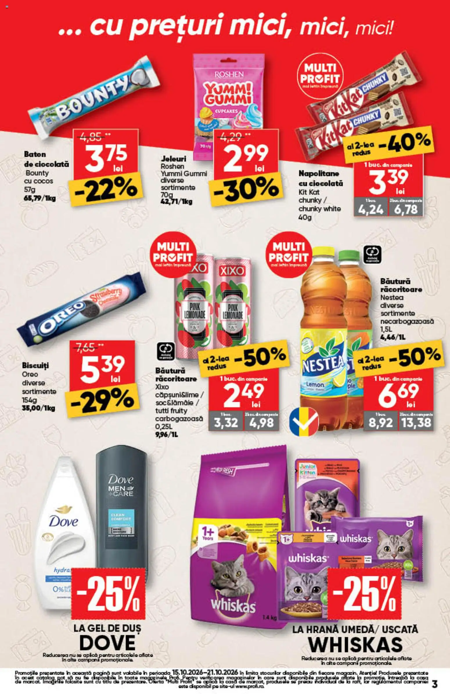 Noul catalog Profi – valabil de la 15.10.2026 | Pagină: 3 | Produse: Whiskas, Body, Duș, Ciocolată