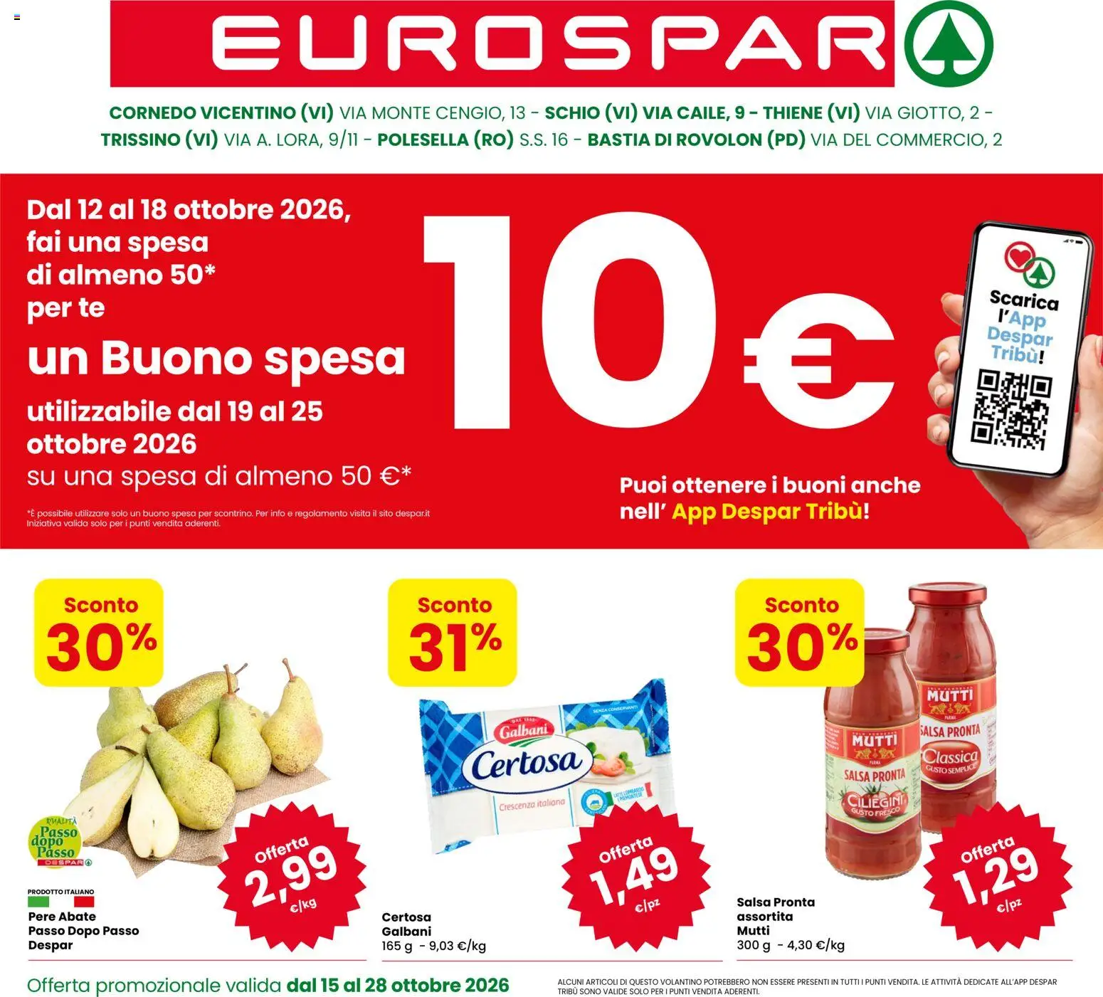 Volantino Eurospar del 12/10/2026 | Pagina: 1 | Prodotti: Tè, Pere, Mutti salsa, Crescenza