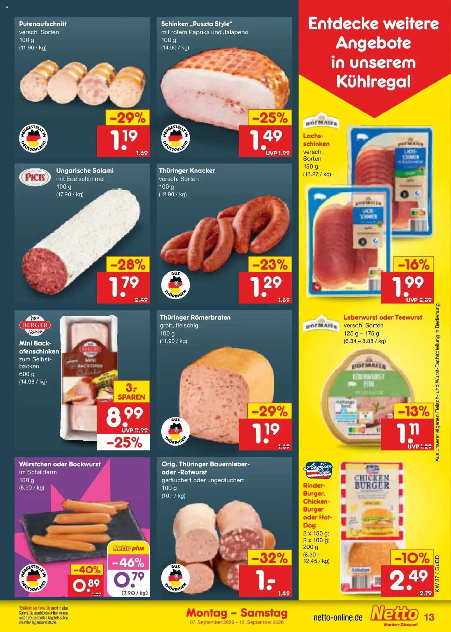 Netto Marken-Discount Prospekt Augustusburg – gültig ab 07.09.2026 | Seite: 19 | Produkte: Bockwurst, Salami, Schinken, Fleisch
