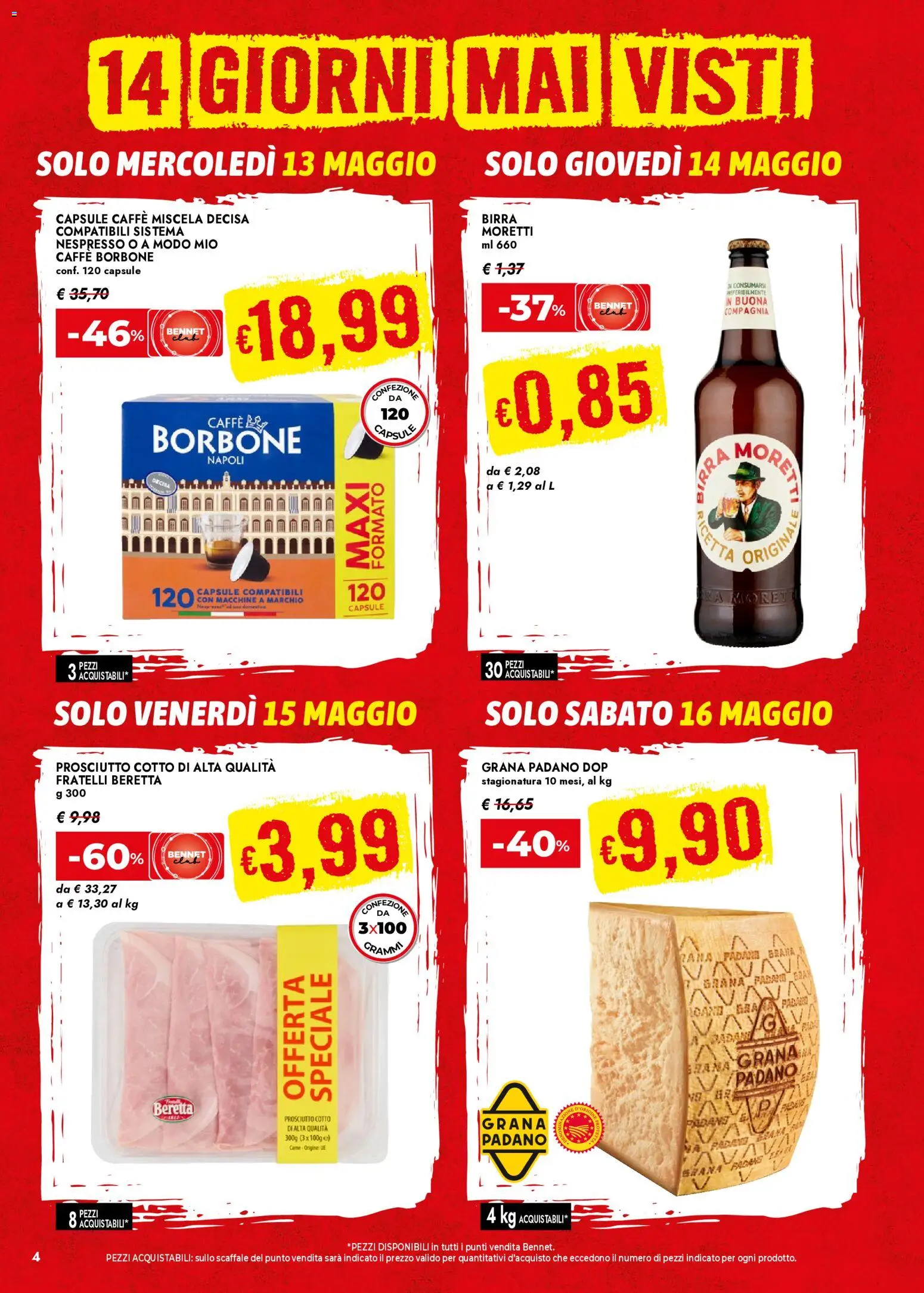 Volantino bennet del 07.05.2026 | Pagina: 4 | Prodotti: Birra, Prosciutto, Grana Padano, Scaffale