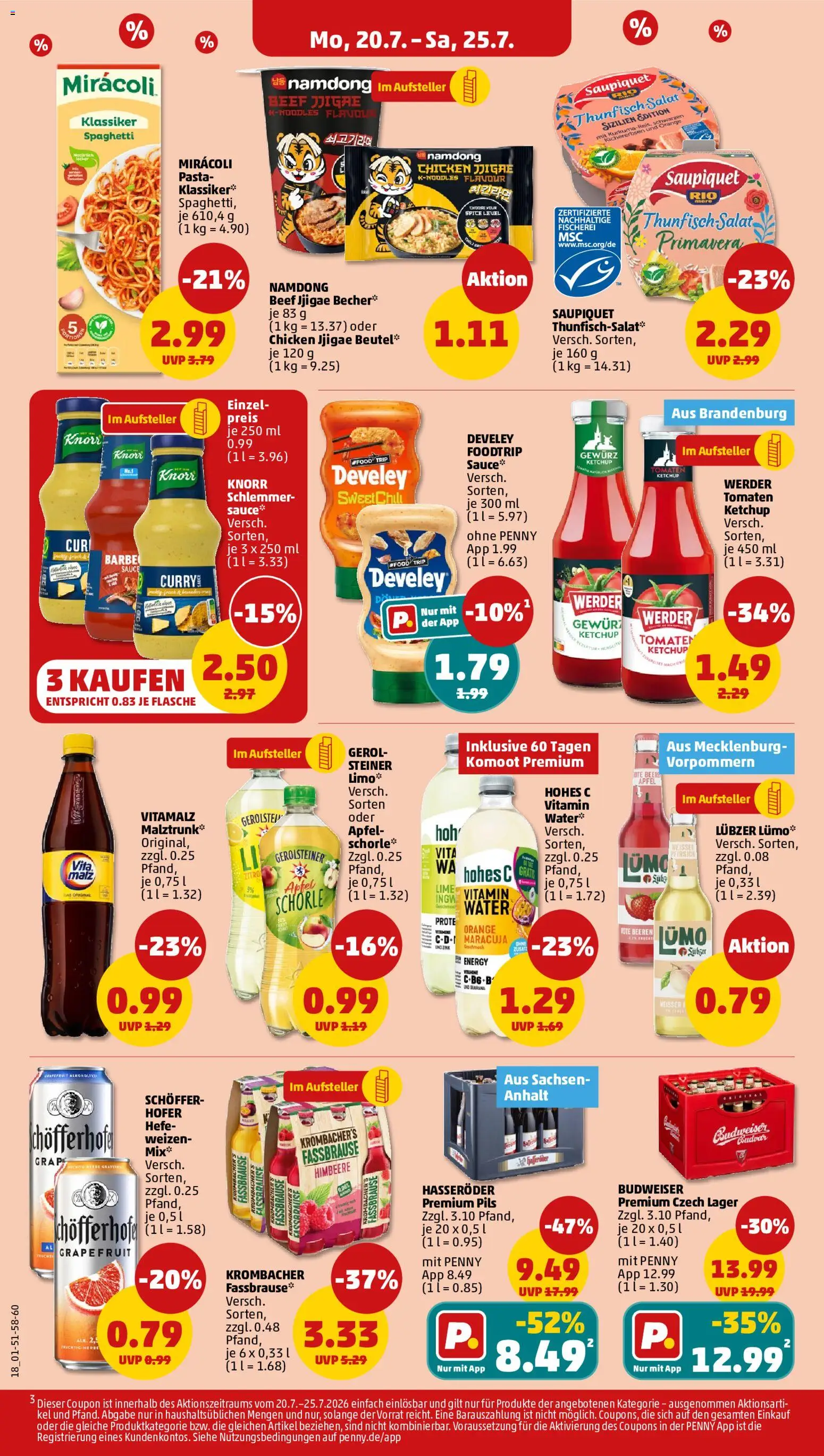 Penny Prospekt – gültig ab 20.07.2026 | Seite: 20 | Produkte: Spaghetti, Knorr, Himbeere, Budweiser