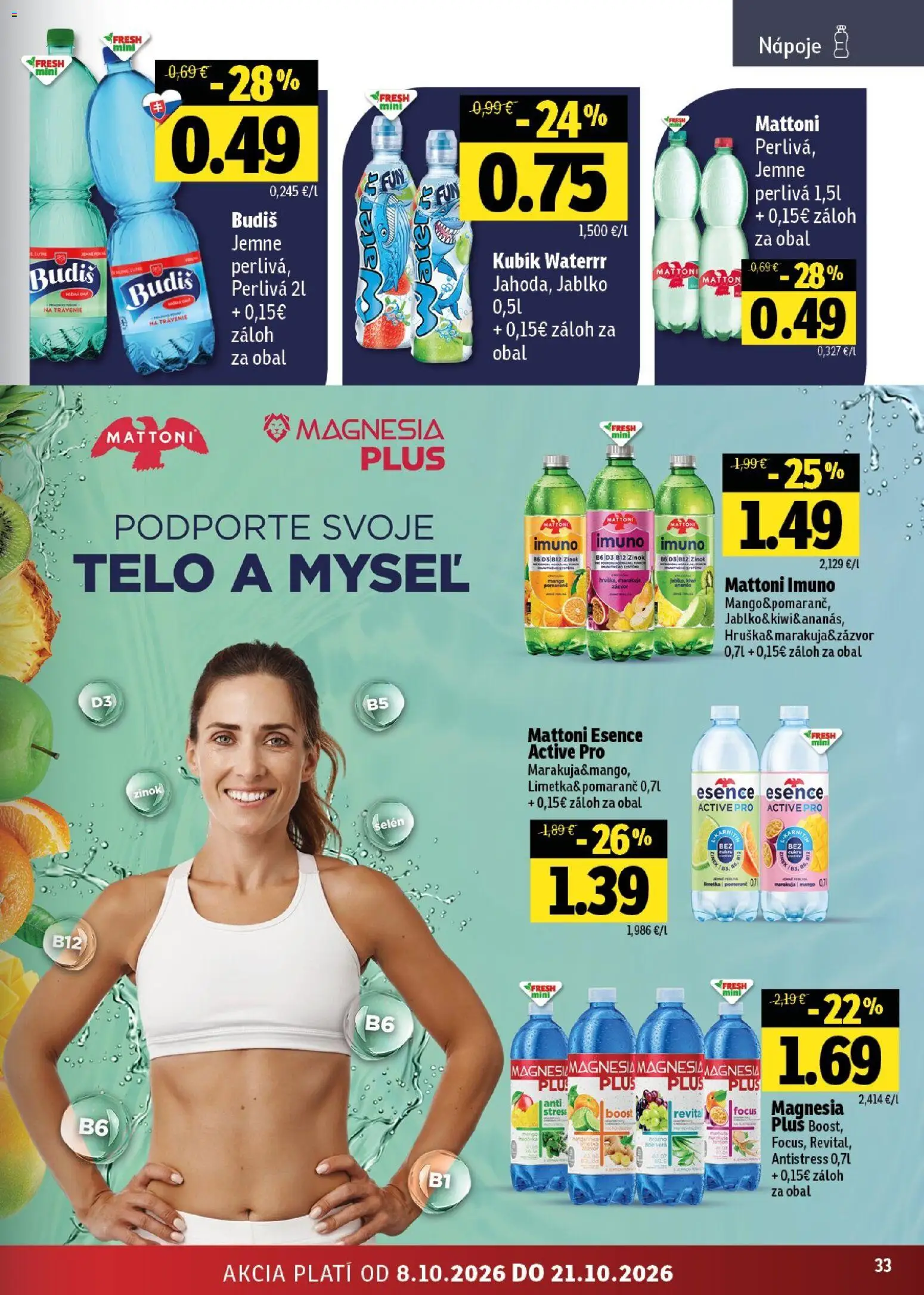 Nové Fresh akcie – leták je platný od 08.10.2026 | Strana: 33 | Produkty: Limetka, Nápoje, Budiš, Magnesia