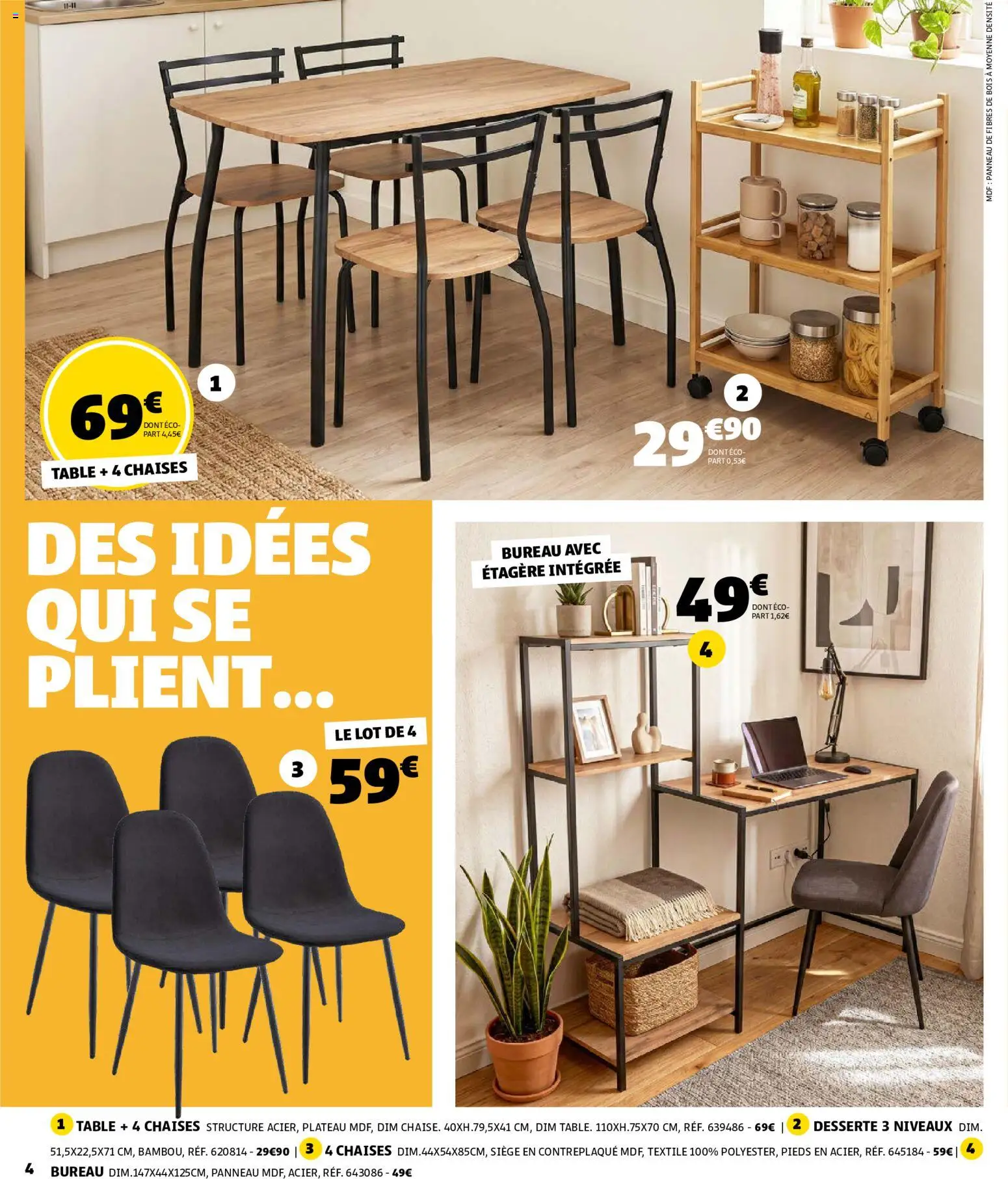 {H1} | Page: 4 | Produits: Bureau, Chaises, Étagère, Table