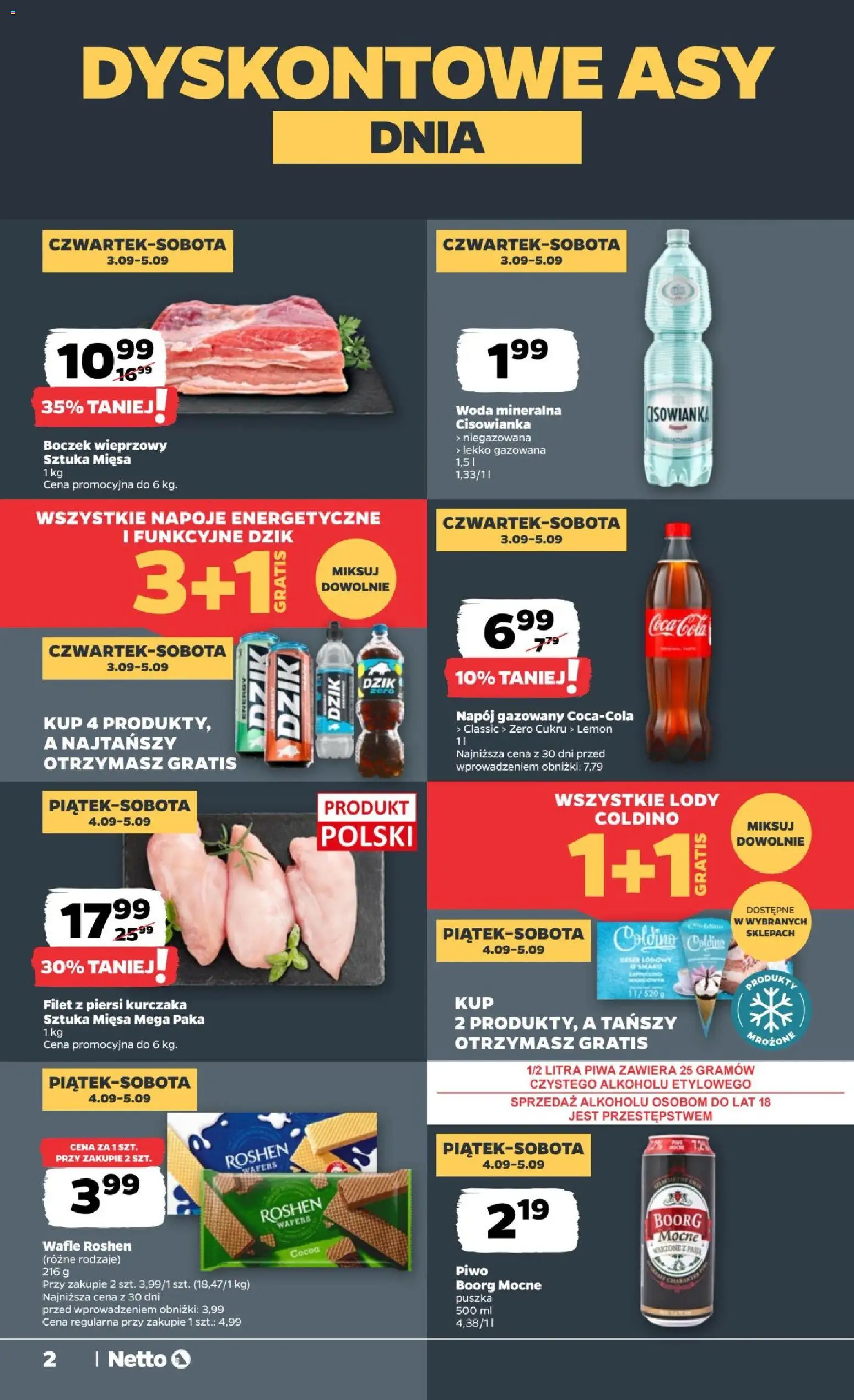 Netto gazetka od czwartku od 03.09.2026 | Strona: 2 | Produkty: Boczek wieprzowy, Napoje, Cappuccino, Lody