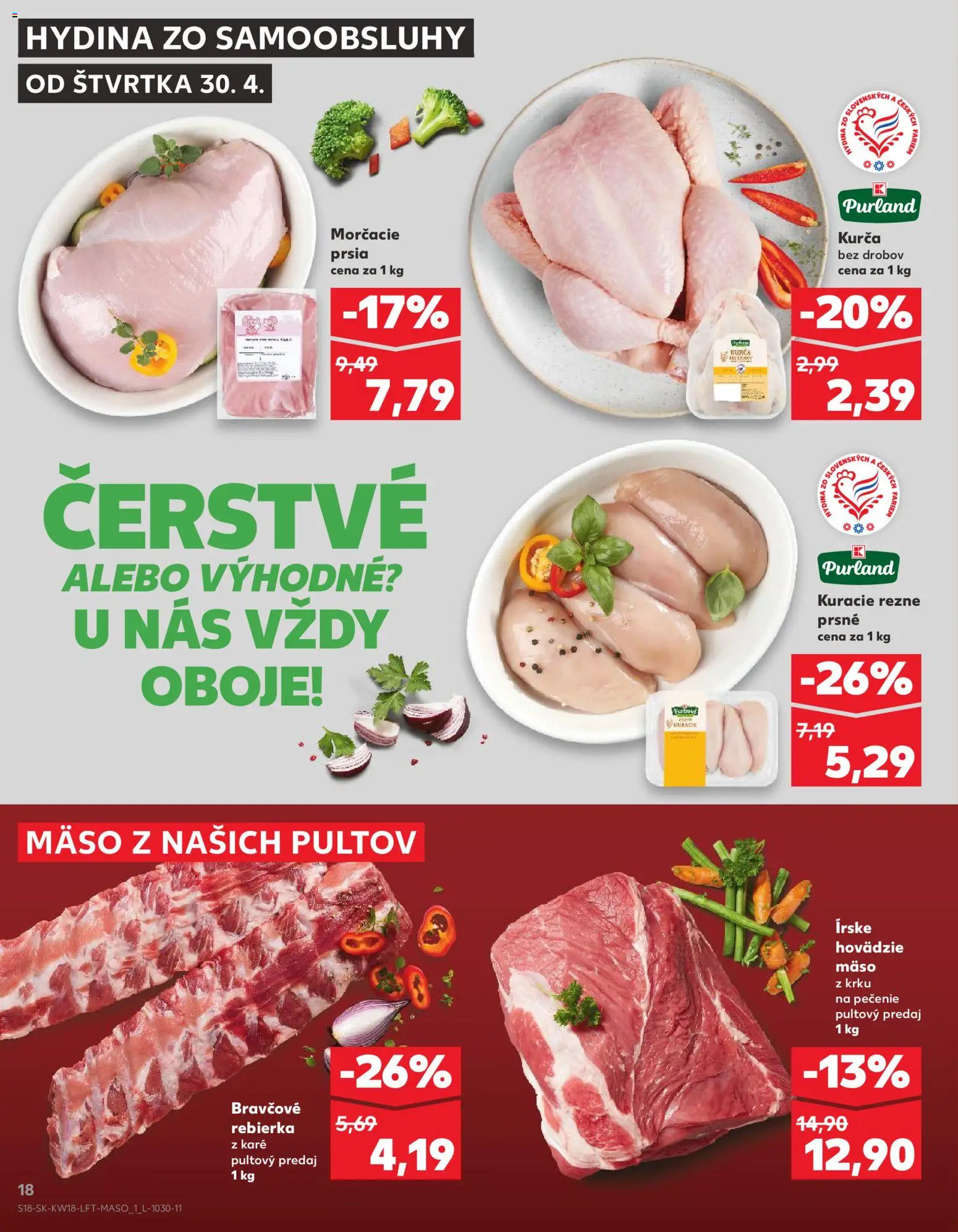 Nové Kaufland akcie – leták je platný od 30.04.2026 | Strana: 18 | Produkty: Hovädzie mäso, Kuracie rezne, Kurča