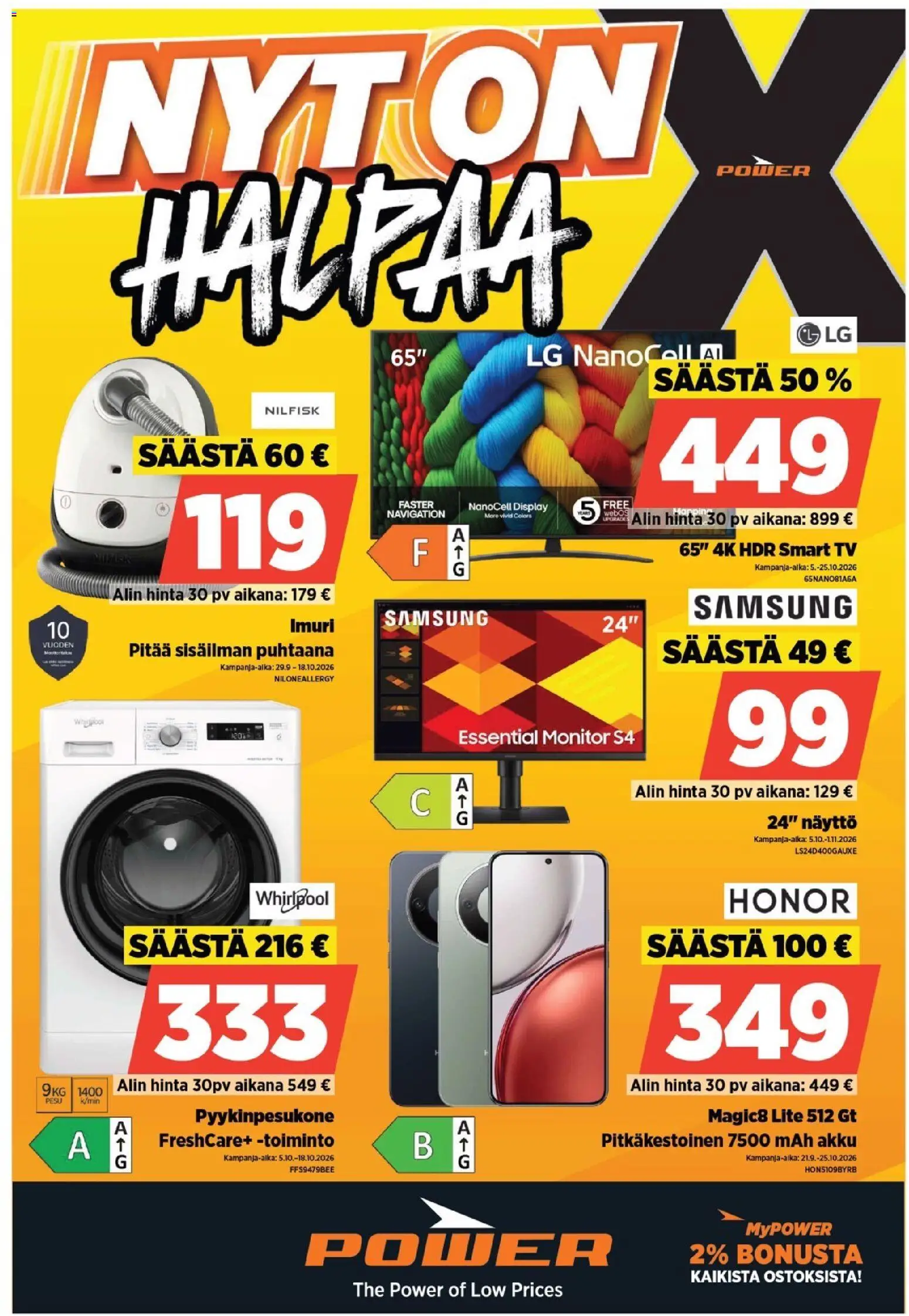 Power tarjoukset – voimassa 29/09/2026 alkaen | Sivu: 1 | Tuotteet: Imuri, Akku, Näyttö, TV