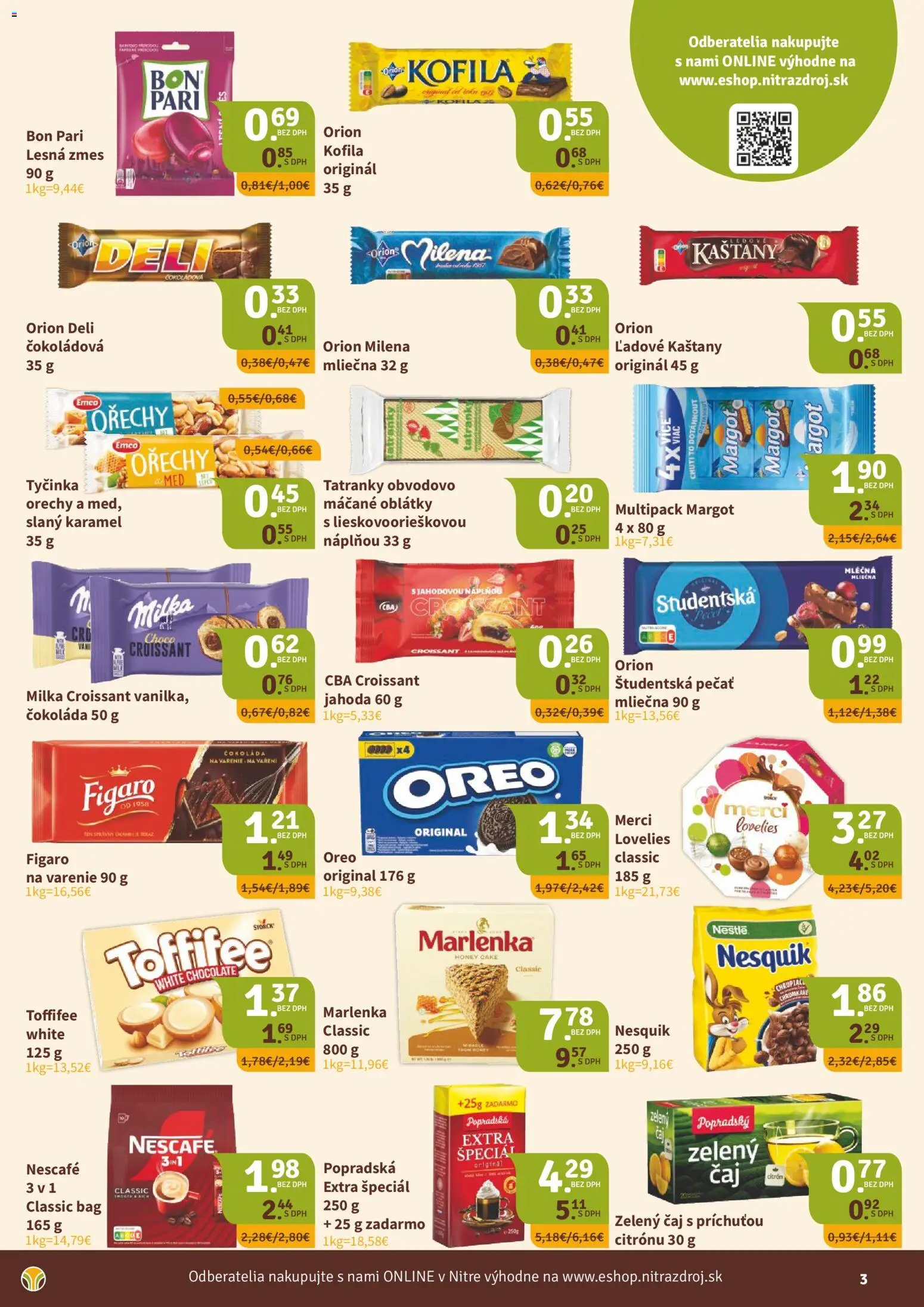 Nové Nitrazdroj akcie – leták je platný od 07.05.2026 | Strana: 3 | Produkty: Čokoláda, Toffifee, Marlenka, Orechy