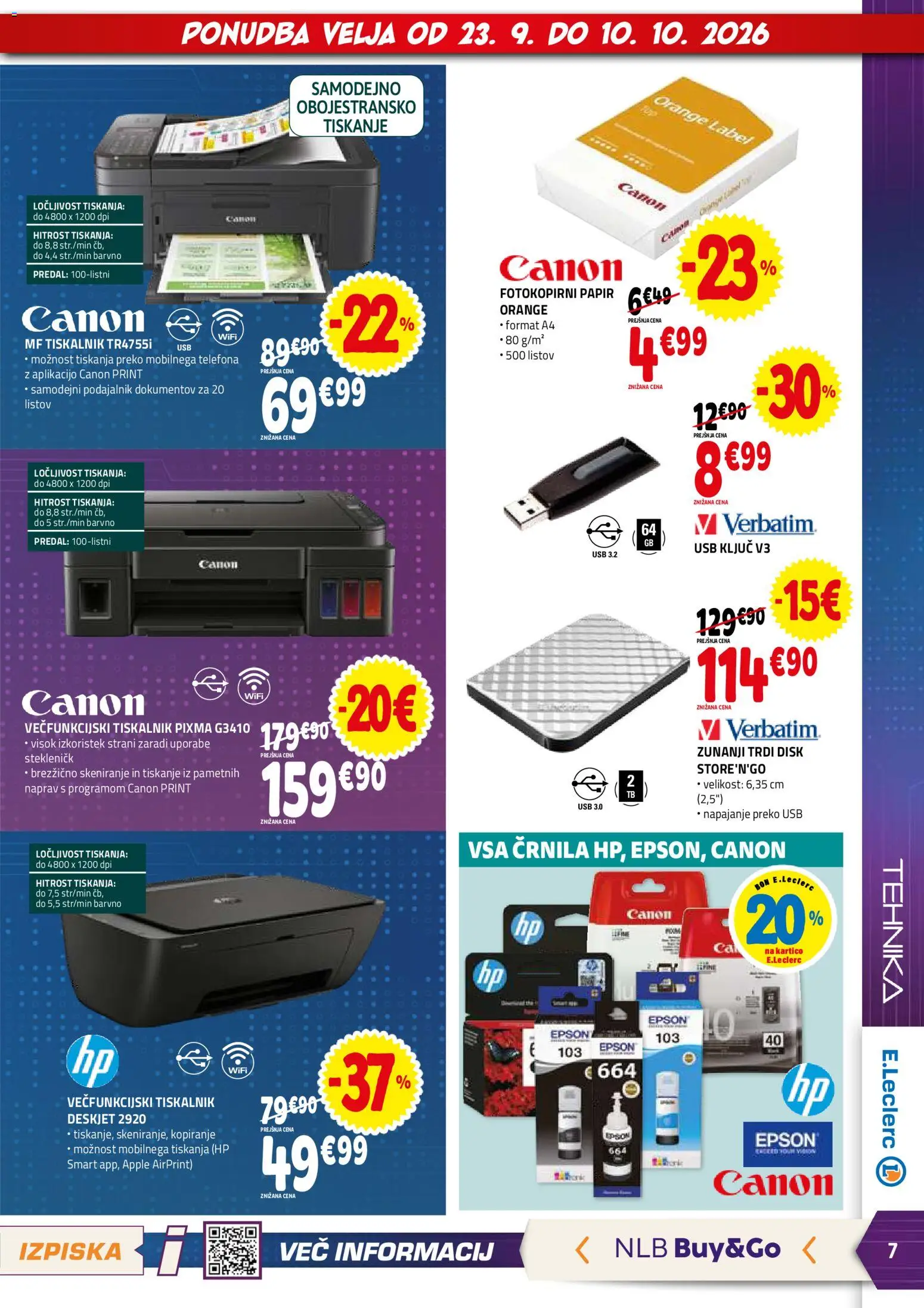 Novi E.leclerc katalog ponudbe – veljaven od 23.09.2026 | Stran: 7 | Izdelki: Tiskalnik, Disk, Usb