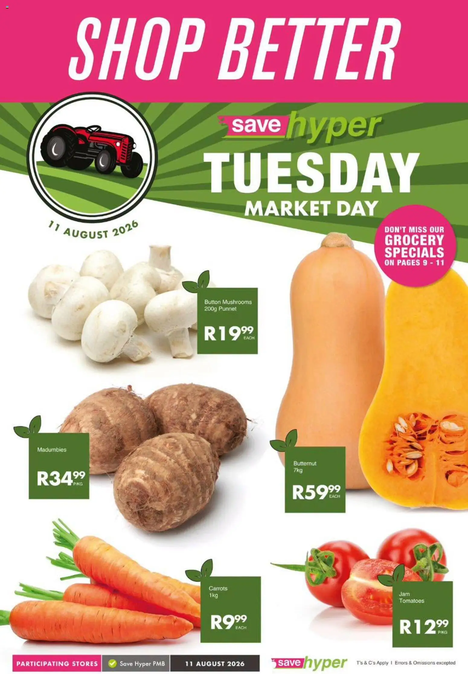 New Save catalogue – valid from 11/08/2026 | Page: 1 | Products: Mushrooms, Tomatoes, Carrots