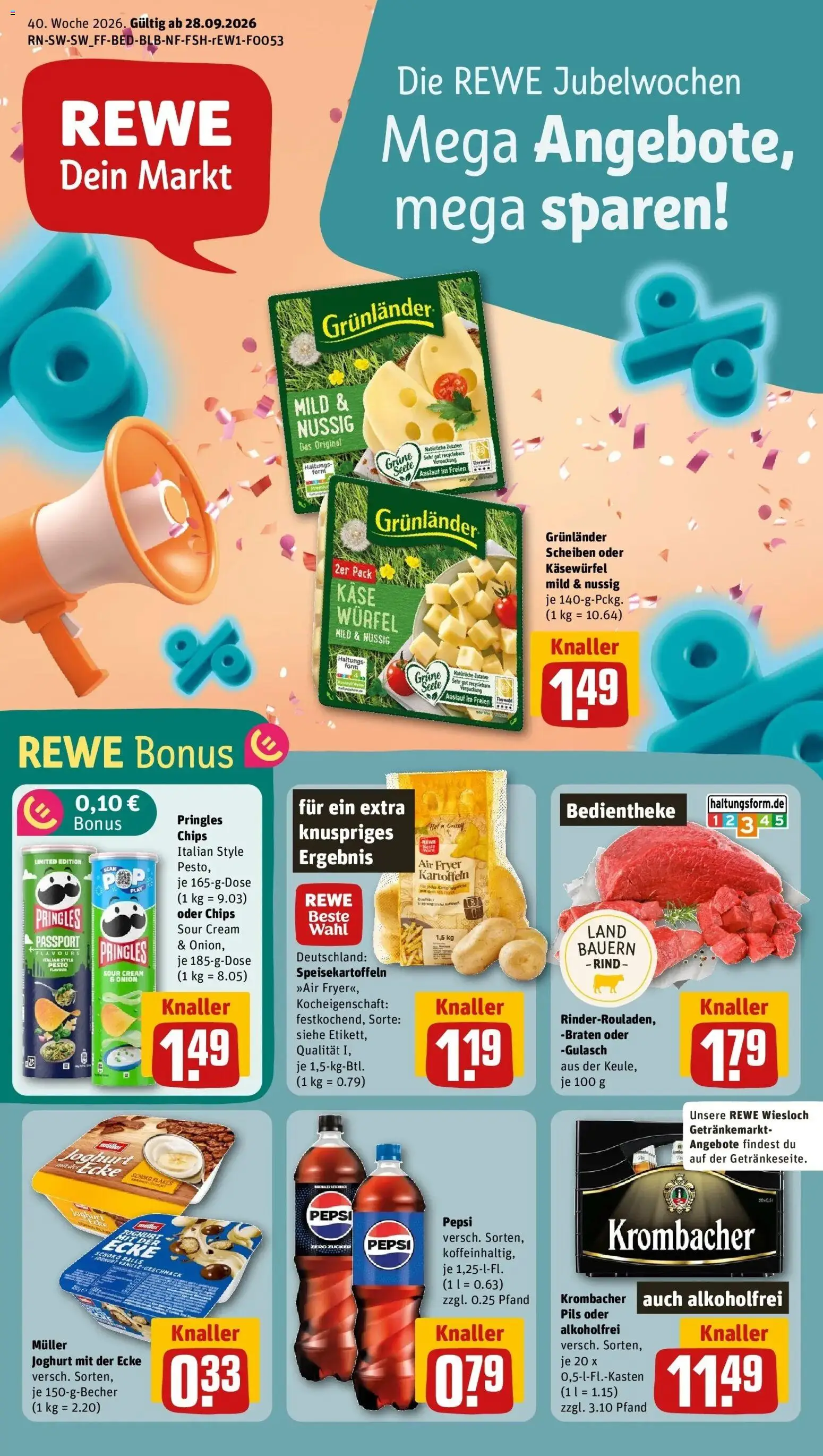 REWE Prospekt ab 28.09.2026 zum Blättern » Angebote | Seite: 1 | Produkte: Joghurt, Grunlander, Gulasch, Pringles